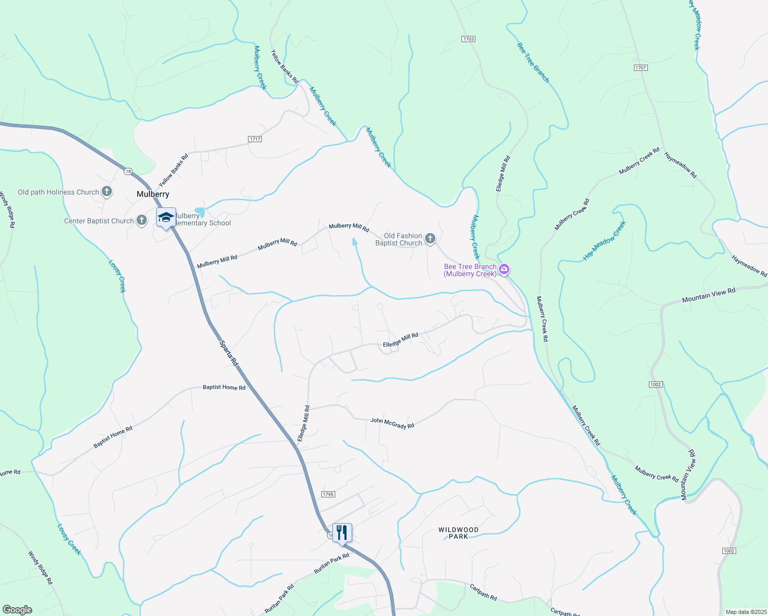 map of restaurants, bars, coffee shops, grocery stores, and more near 258 Circle Drive in North Wilkesboro