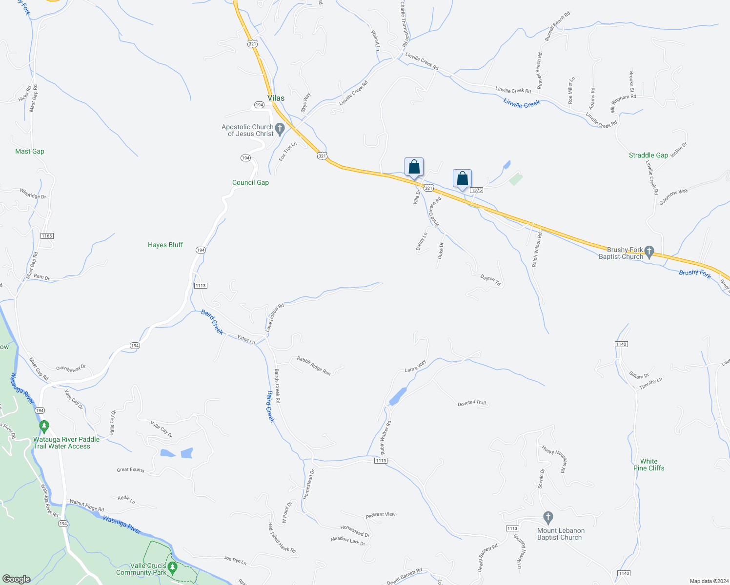 map of restaurants, bars, coffee shops, grocery stores, and more near 704 Love Hollow Road in Vilas