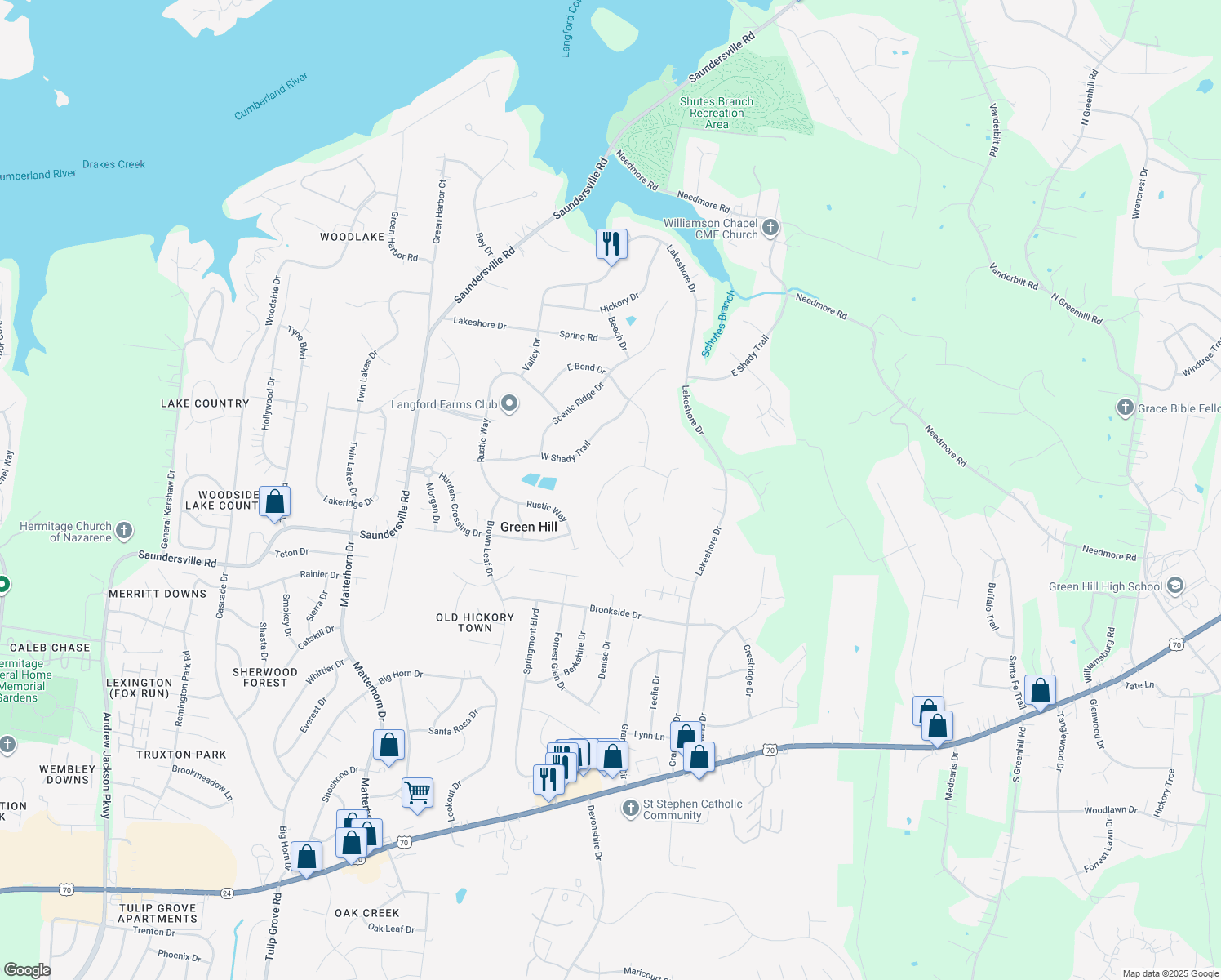 map of restaurants, bars, coffee shops, grocery stores, and more near 807 Overhills Drive in Green Hill