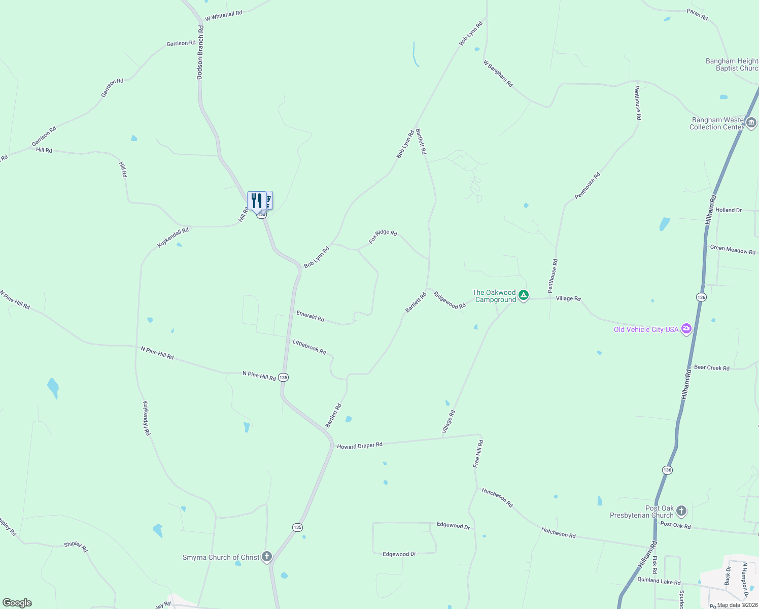 map of restaurants, bars, coffee shops, grocery stores, and more near 5585 Emerald Road in Cookeville