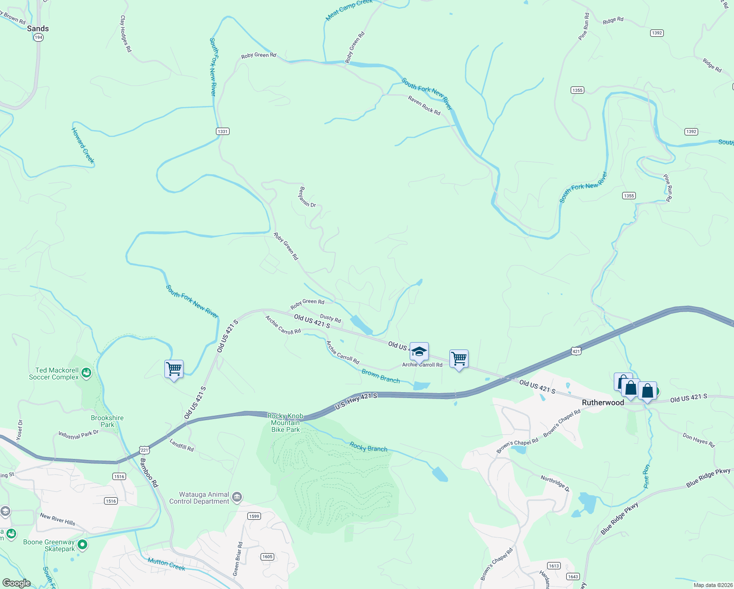map of restaurants, bars, coffee shops, grocery stores, and more near 195 7 Oaks Road in Boone