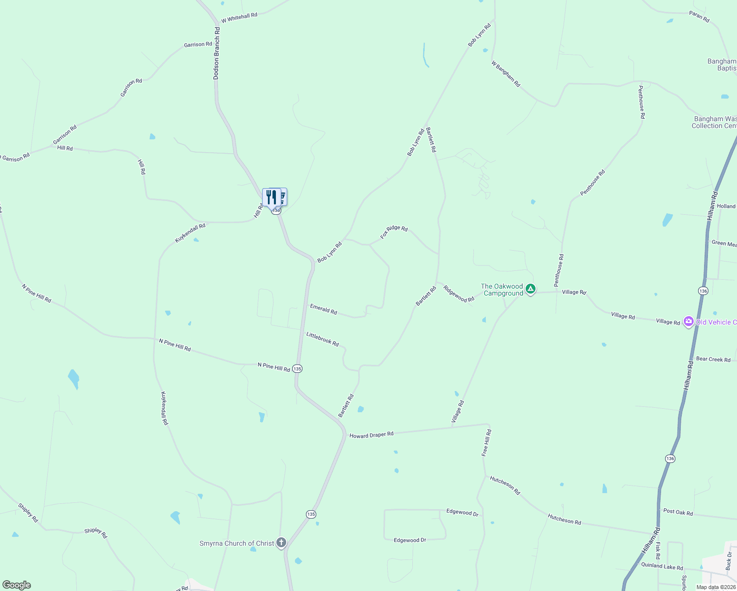 map of restaurants, bars, coffee shops, grocery stores, and more near 5612 Emerald Road in Cookeville