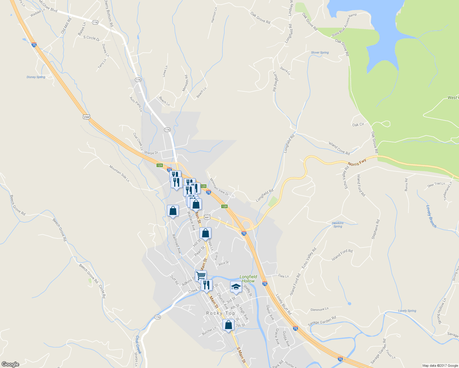 map of restaurants, bars, coffee shops, grocery stores, and more near 227 Longfield Road in Rocky Top