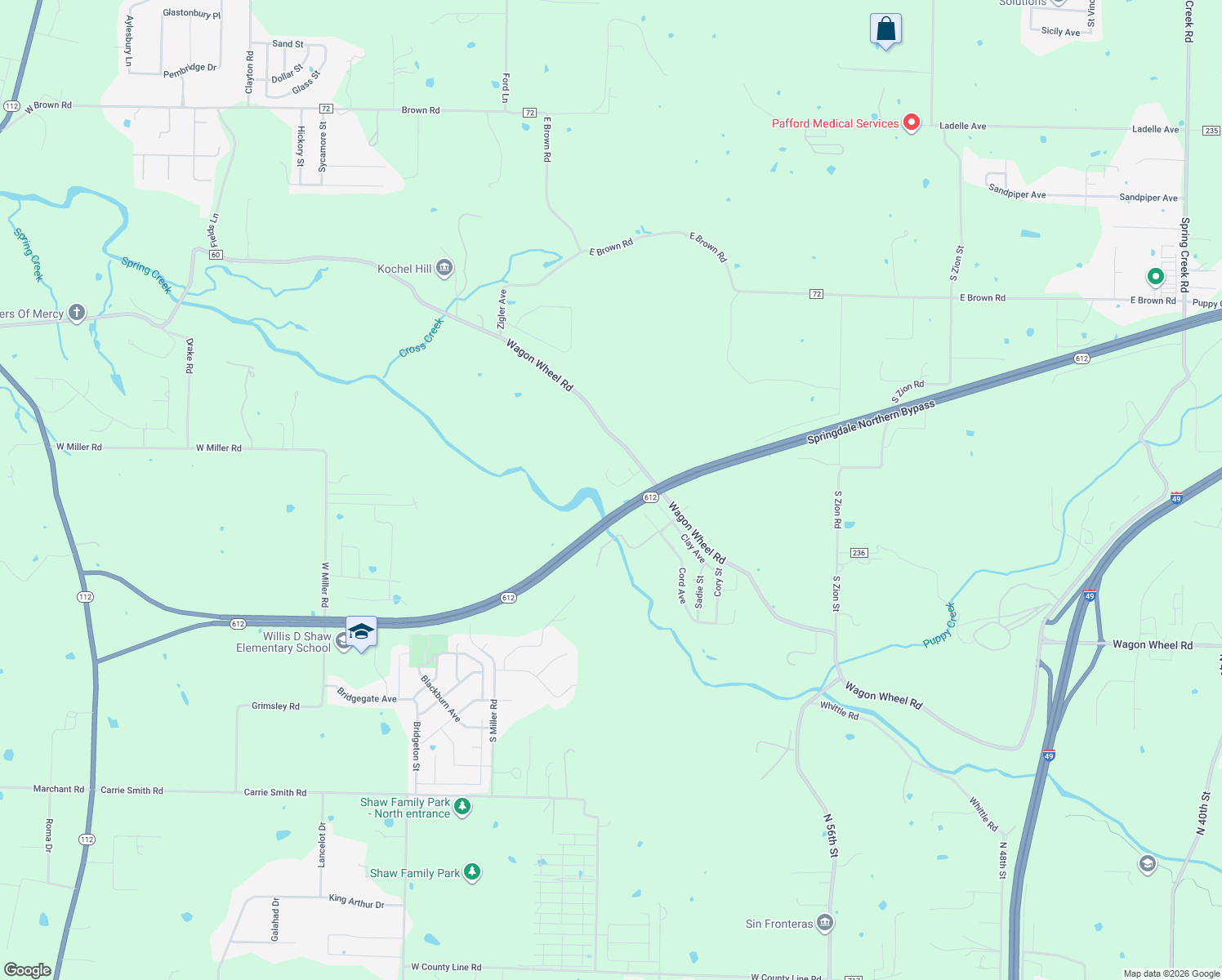 map of restaurants, bars, coffee shops, grocery stores, and more near 6651 Arrowhead Cove in Springdale