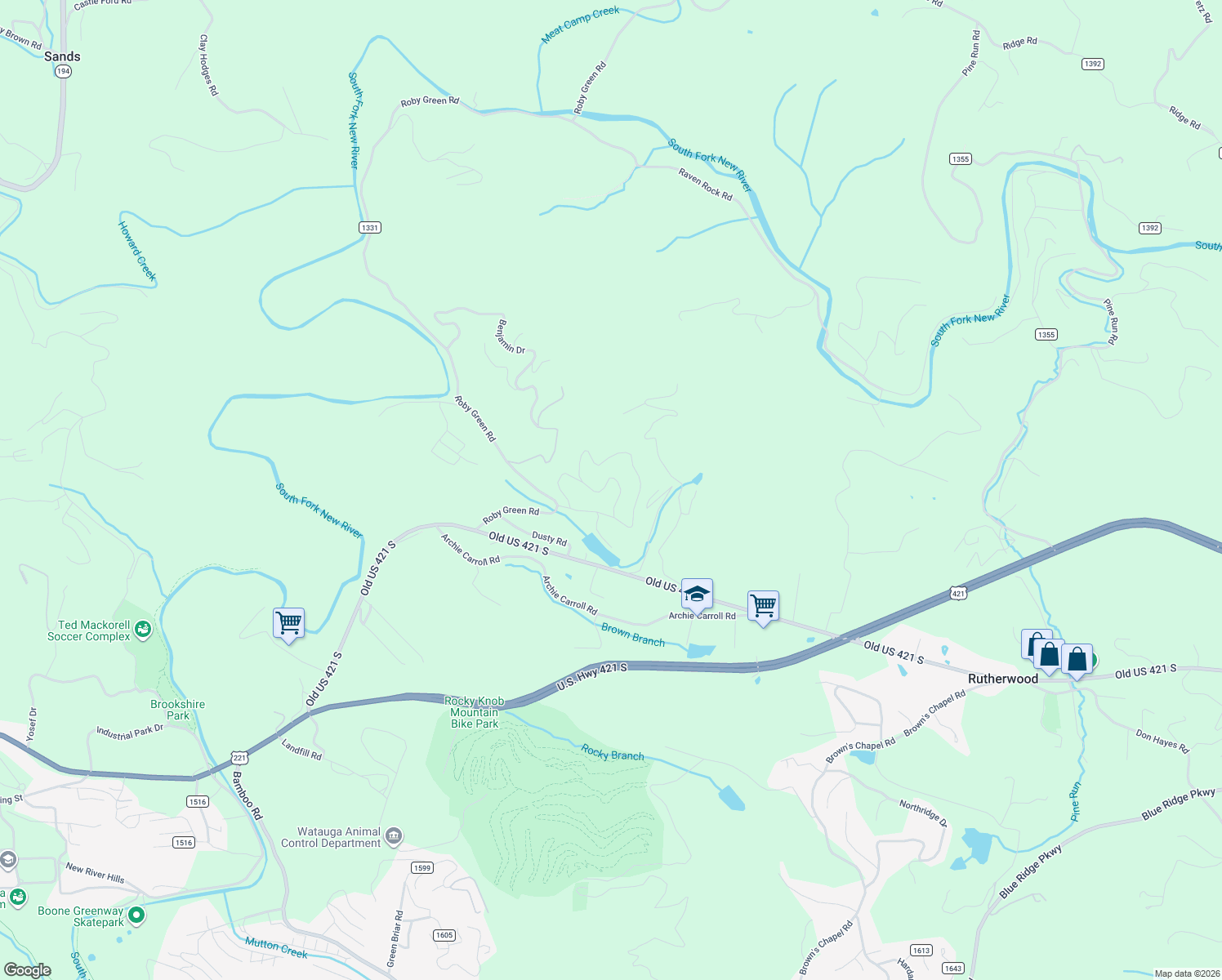 map of restaurants, bars, coffee shops, grocery stores, and more near 195 7 Oaks Road in Boone
