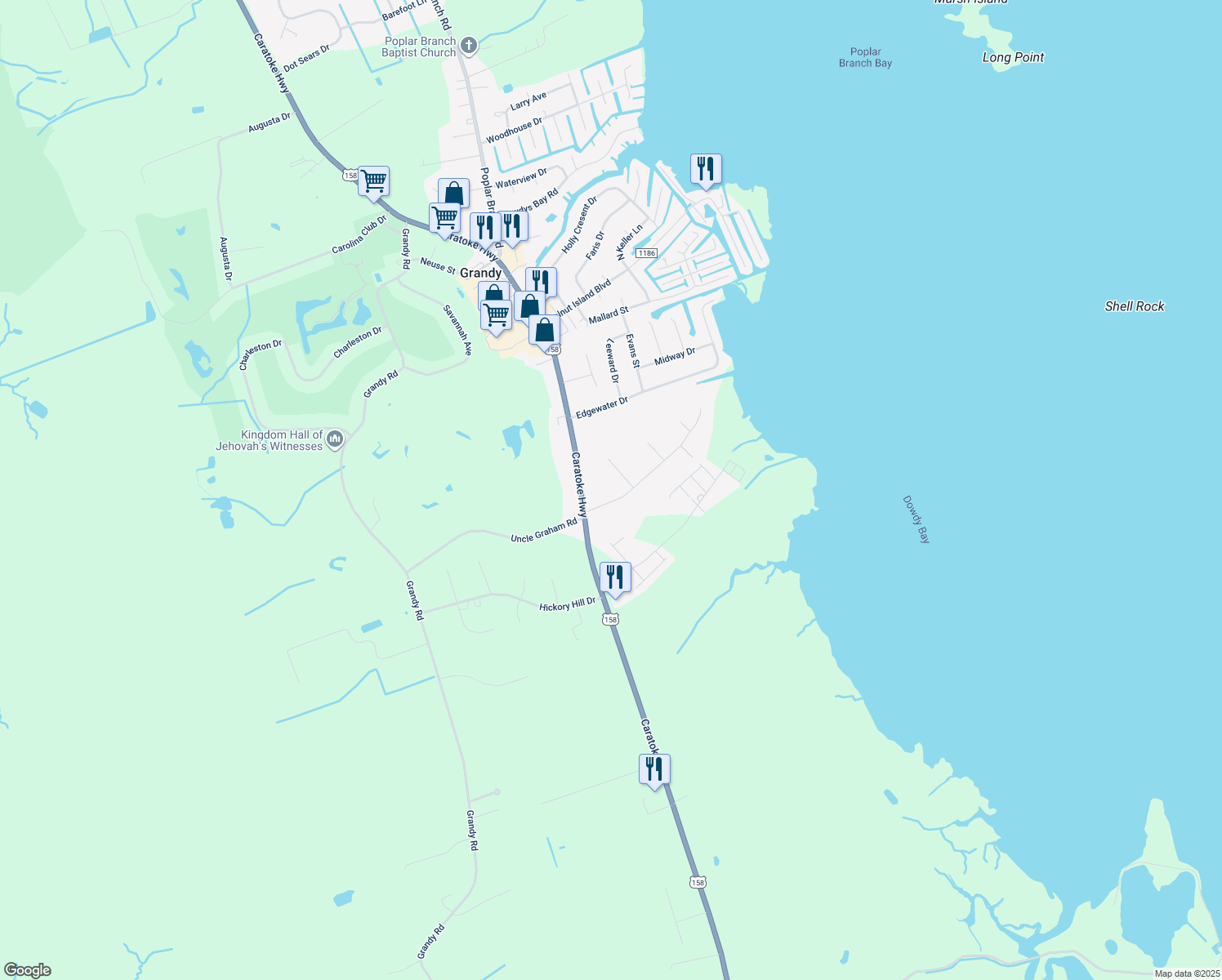 map of restaurants, bars, coffee shops, grocery stores, and more near 105 Soundside Estates Drive in Grandy