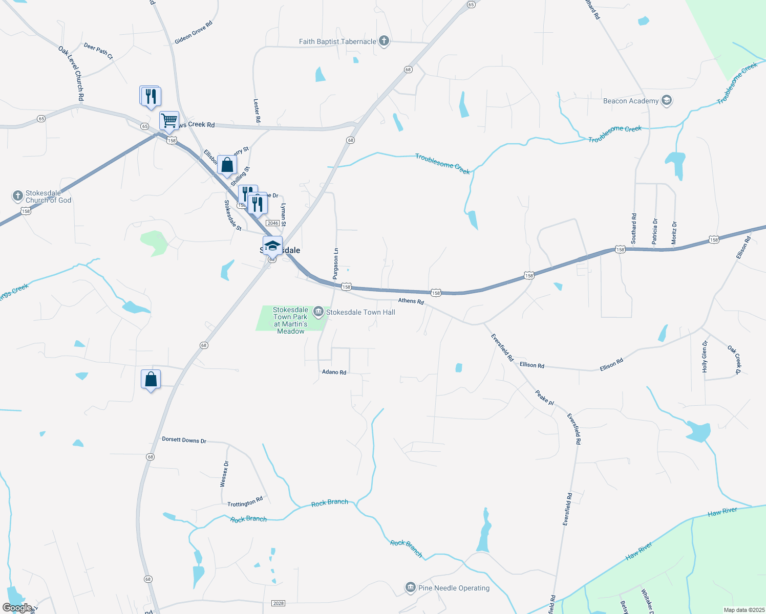 map of restaurants, bars, coffee shops, grocery stores, and more near 7853 Athens Road in Stokesdale
