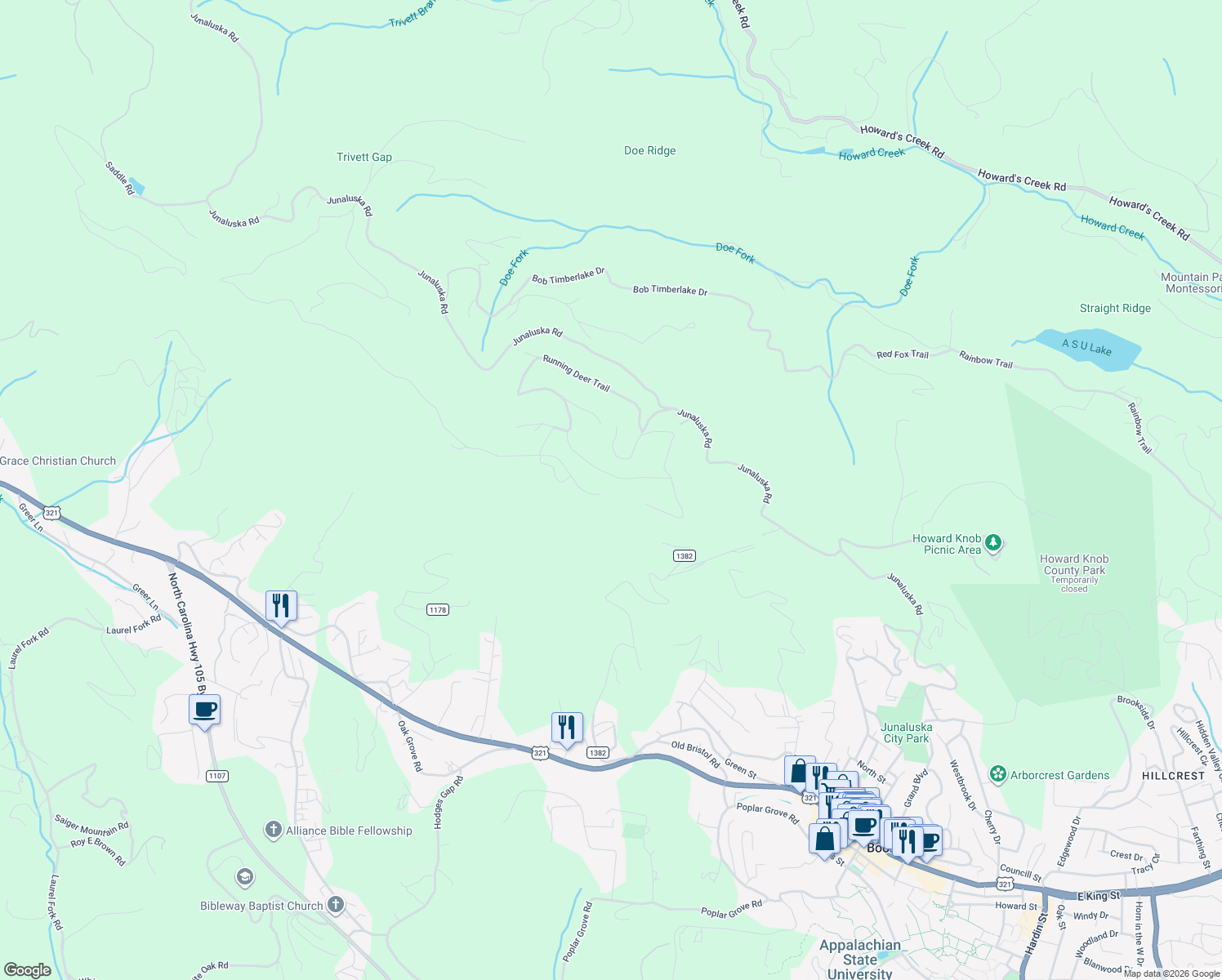 map of restaurants, bars, coffee shops, grocery stores, and more near 301-347 Broken Arrow Trail in Boone