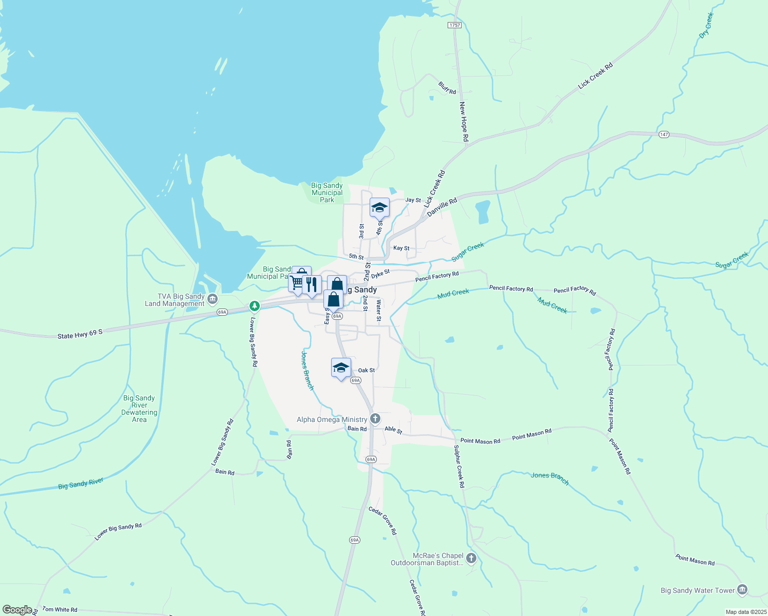map of restaurants, bars, coffee shops, grocery stores, and more near 98 Melton Ln in Big Sandy