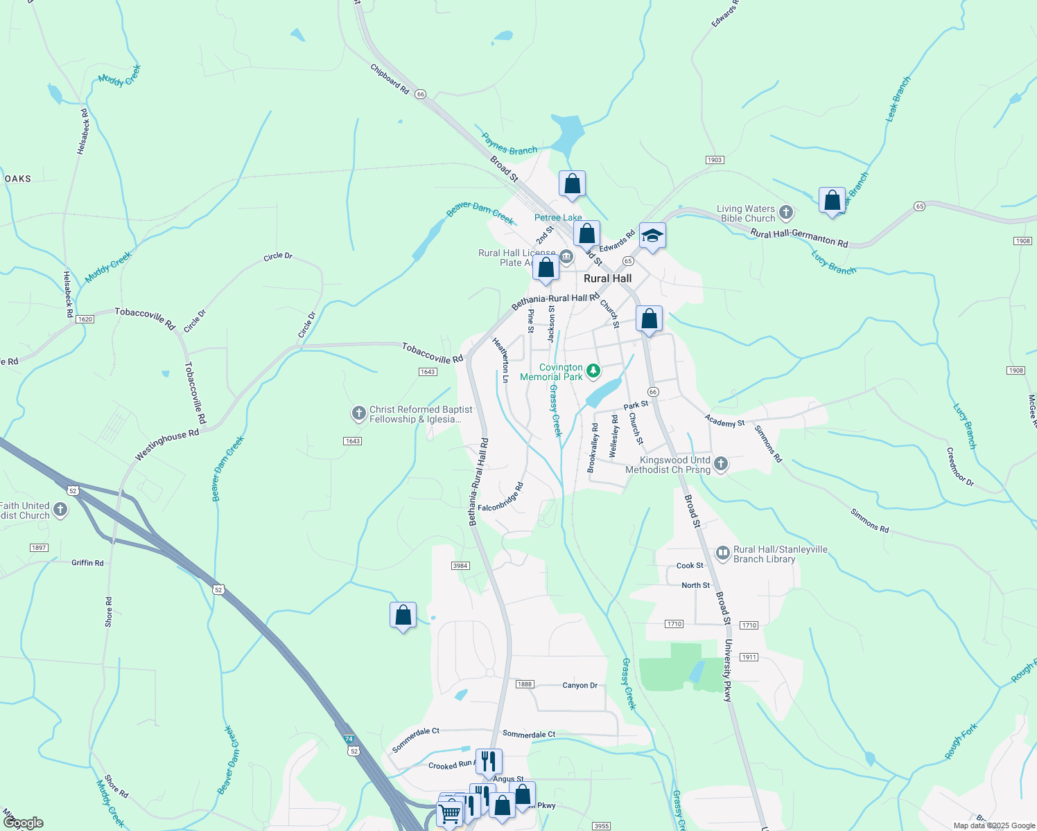 map of restaurants, bars, coffee shops, grocery stores, and more near 545 Heatherton Lane in Rural Hall
