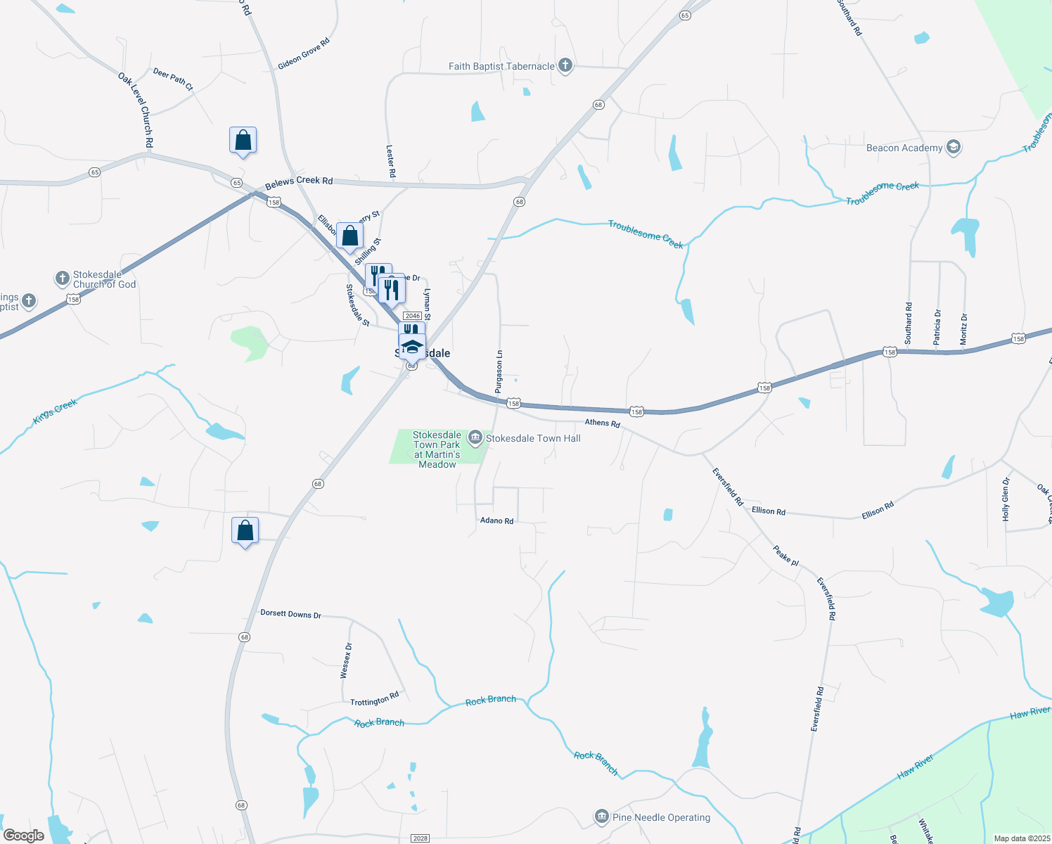 map of restaurants, bars, coffee shops, grocery stores, and more near 7869 Athens Road in Stokesdale