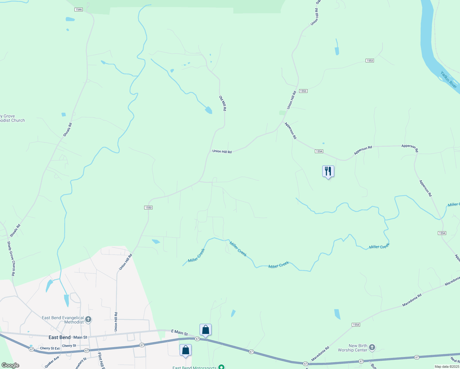 map of restaurants, bars, coffee shops, grocery stores, and more near 4848 Deck's Rd in East Bend
