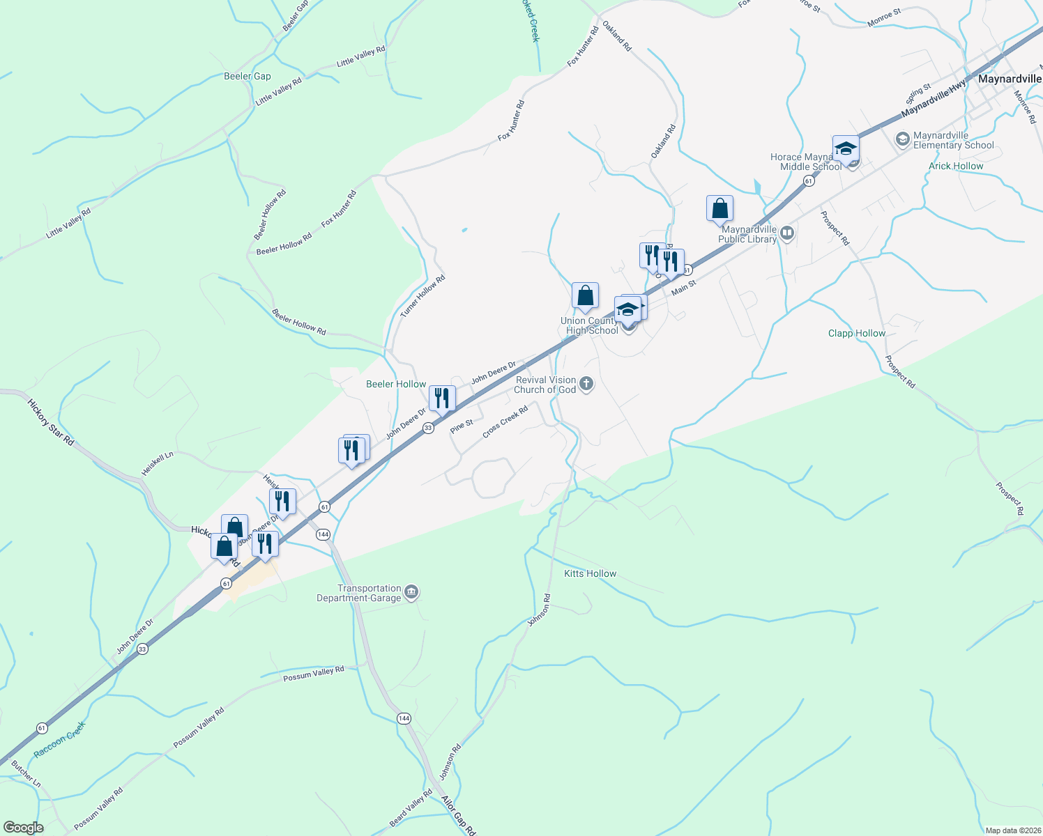 map of restaurants, bars, coffee shops, grocery stores, and more near 151 Cross Creek Rd in Maynardville