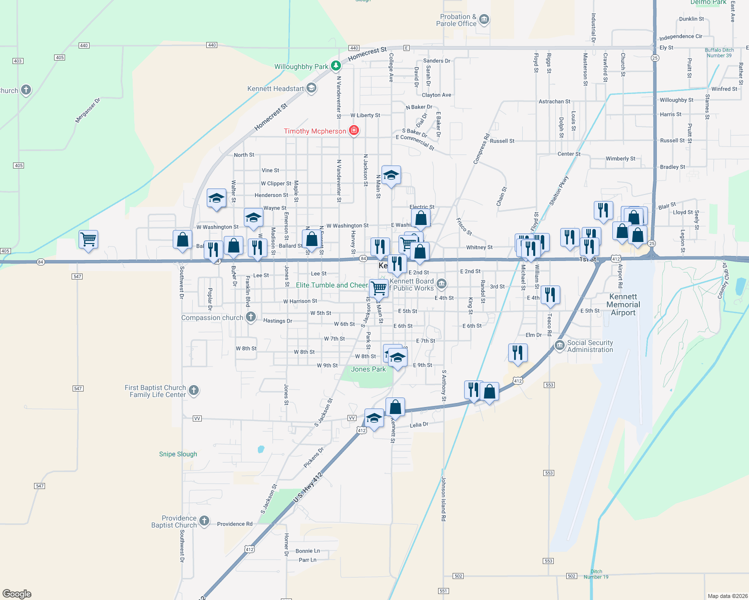 map of restaurants, bars, coffee shops, grocery stores, and more near 311 South Main Street in Kennett