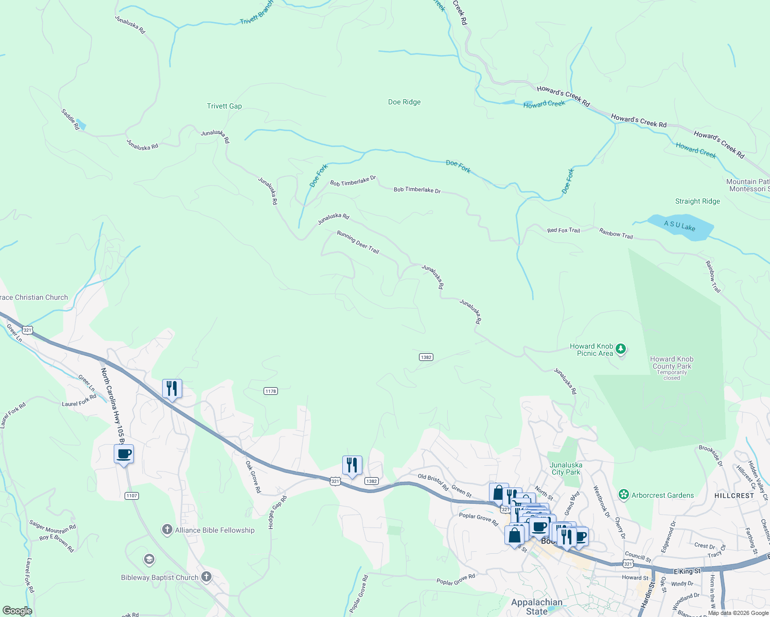 map of restaurants, bars, coffee shops, grocery stores, and more near 301 Broken Arrow Trail in Boone