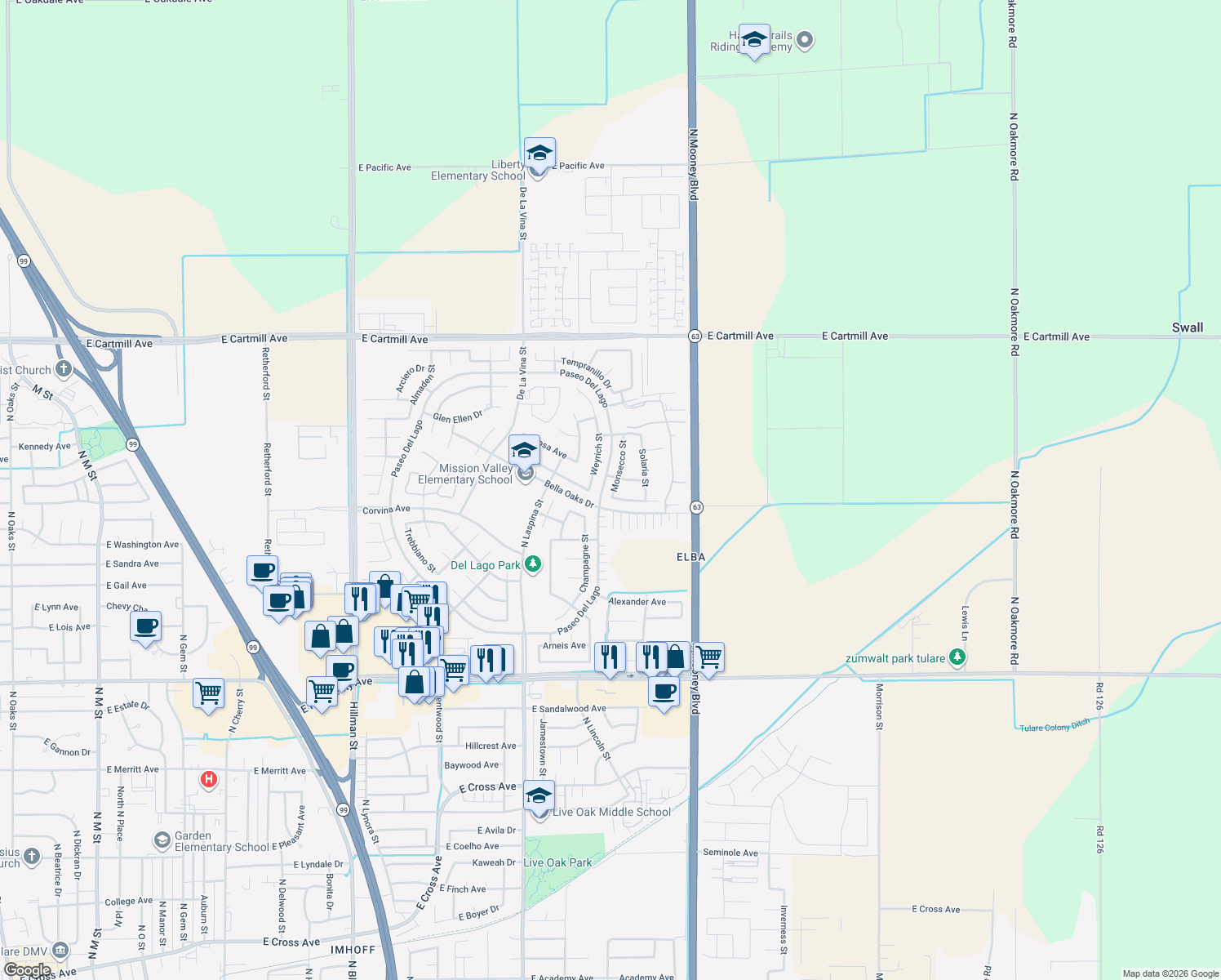 map of restaurants, bars, coffee shops, grocery stores, and more near 1939 Monsecco Street in Tulare