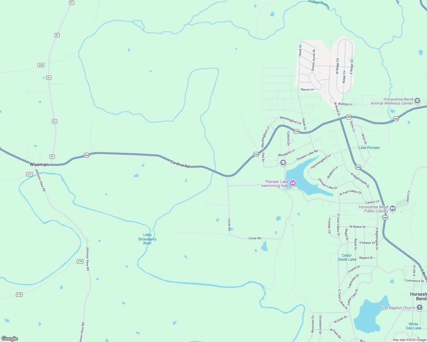 map of restaurants, bars, coffee shops, grocery stores, and more near Cardinal Road in Horseshoe Bend