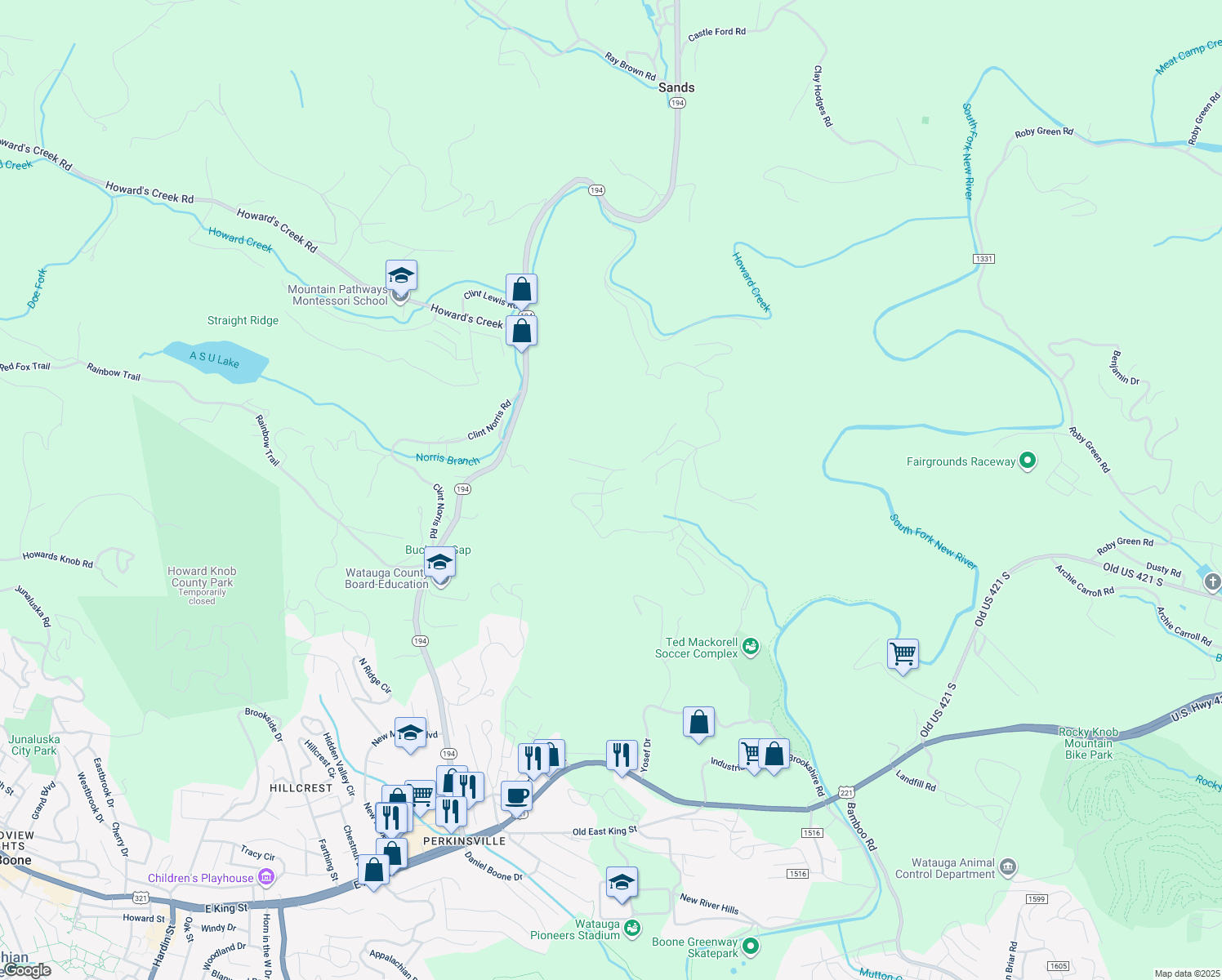 map of restaurants, bars, coffee shops, grocery stores, and more near 327 Wildwind Road in Boone