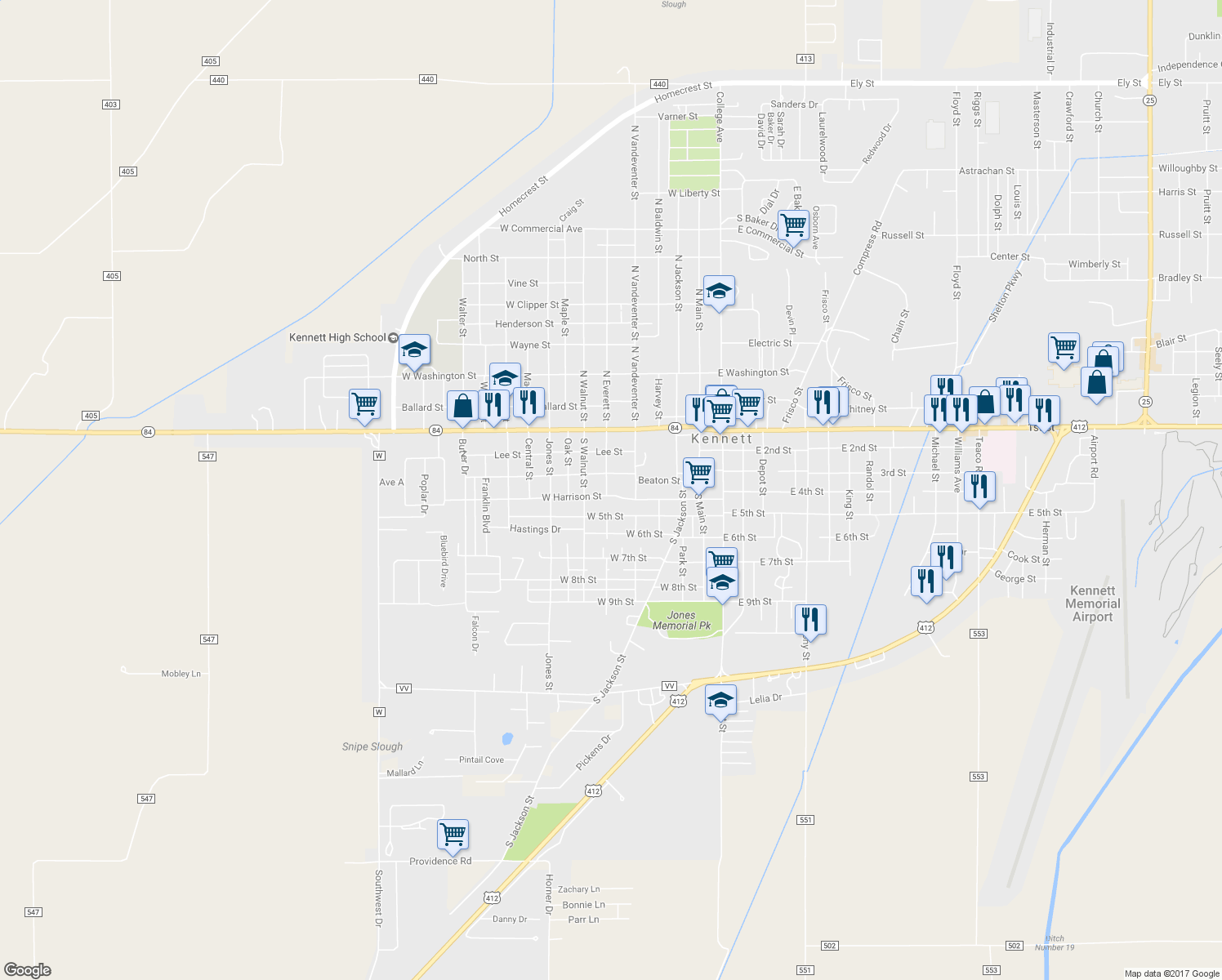 map of restaurants, bars, coffee shops, grocery stores, and more near 412 West Harrison Street in Kennett