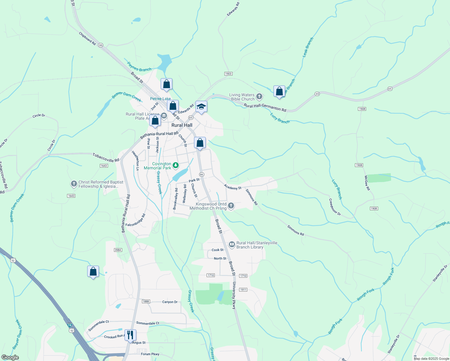 map of restaurants, bars, coffee shops, grocery stores, and more near 375 Academy St in Rural Hall