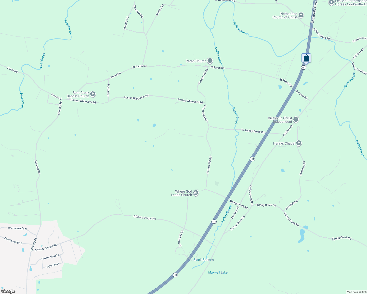 map of restaurants, bars, coffee shops, grocery stores, and more near 4898 Forrest Hill Road in Cookeville