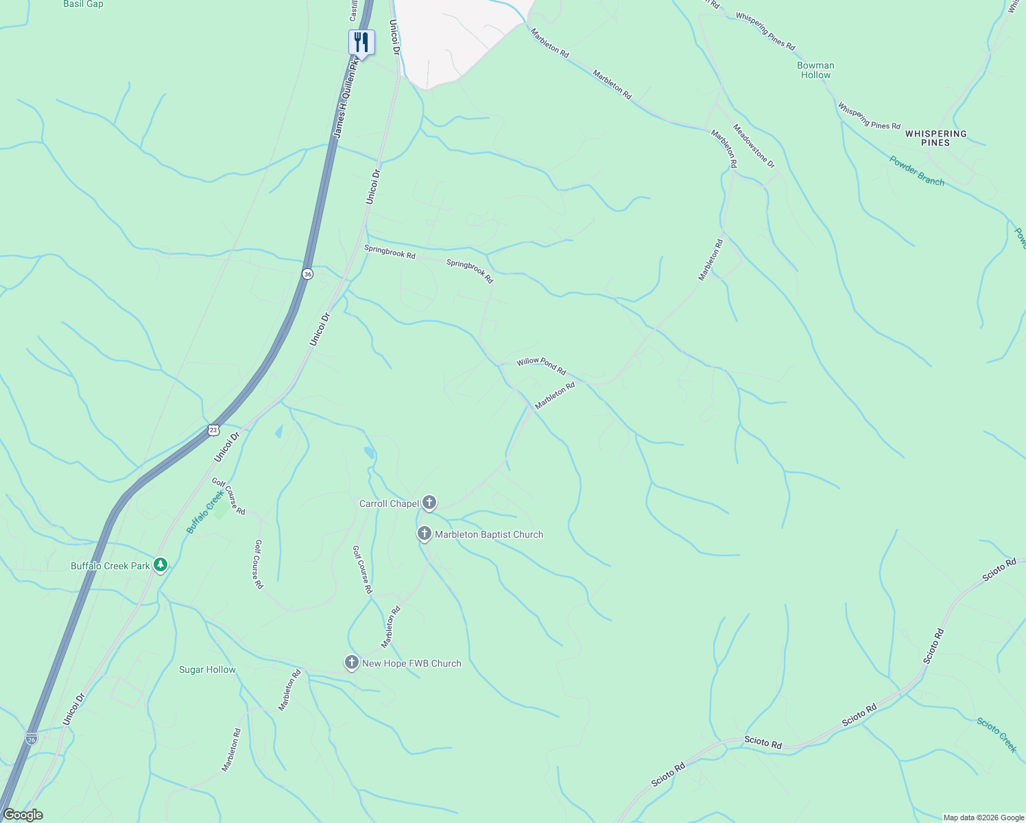 map of restaurants, bars, coffee shops, grocery stores, and more near 2206 Marbleton Road in Unicoi