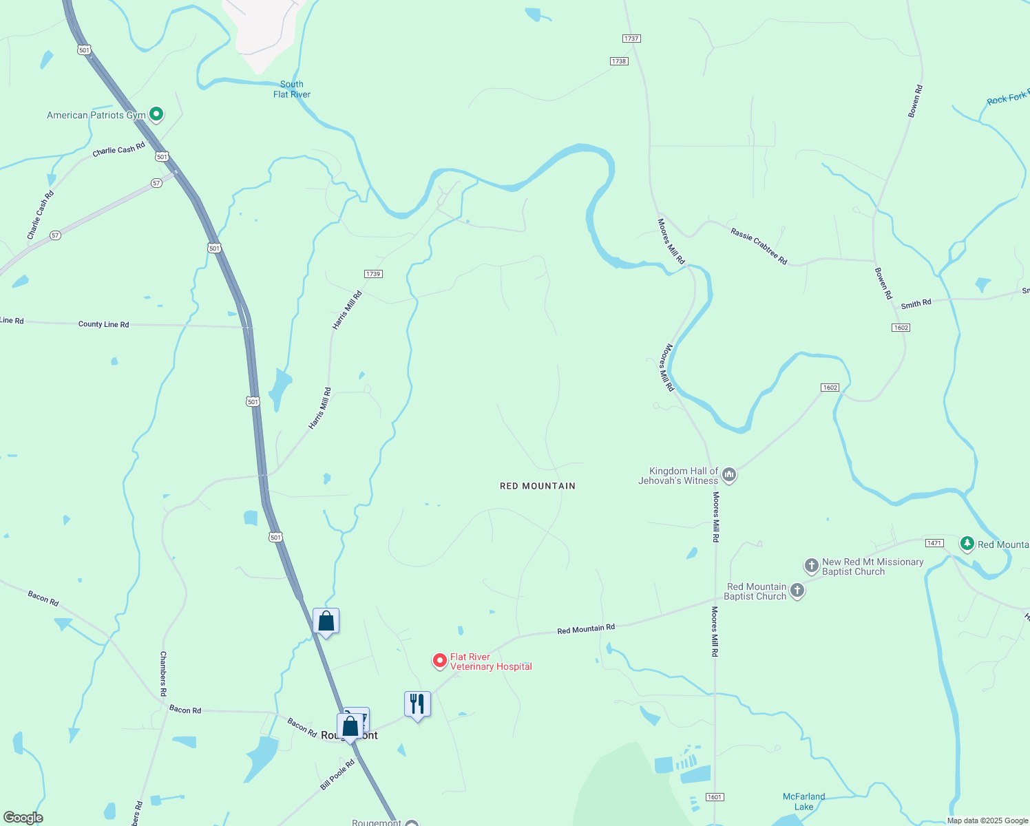 map of restaurants, bars, coffee shops, grocery stores, and more near 303 Shetland Road in Rougemont