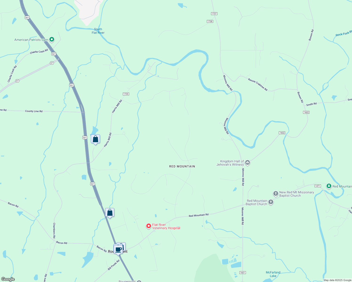 map of restaurants, bars, coffee shops, grocery stores, and more near 303 Shetland Road in Rougemont