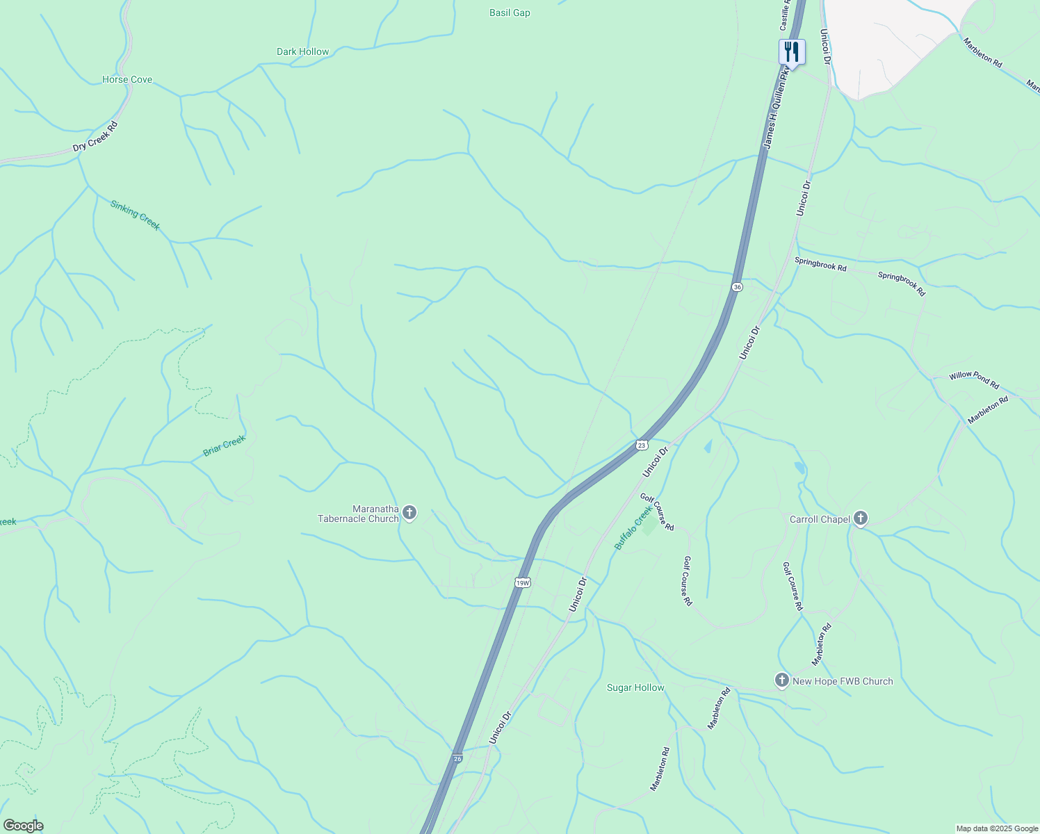 map of restaurants, bars, coffee shops, grocery stores, and more near 255 Deer Ridge Rd in Unicoi