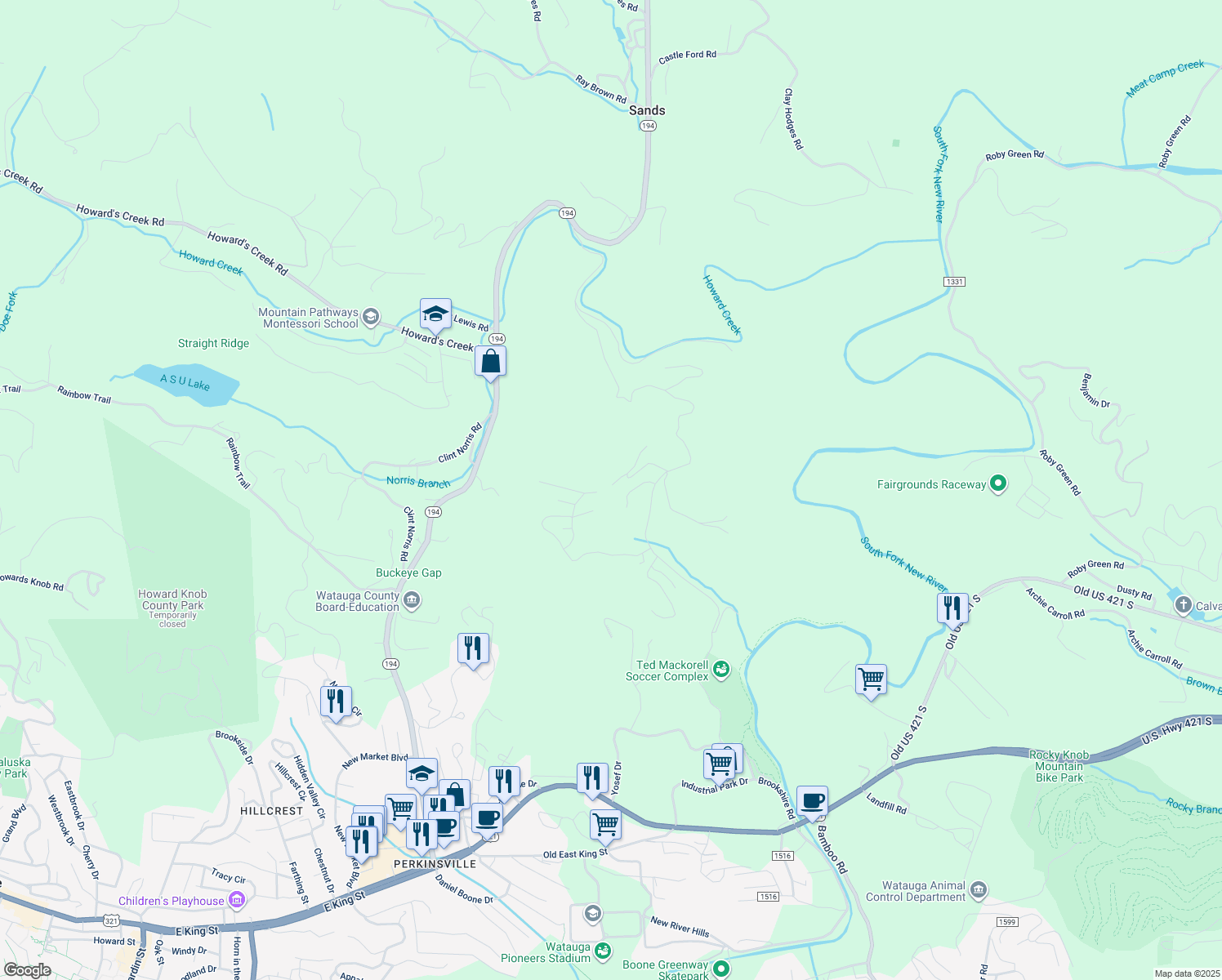 map of restaurants, bars, coffee shops, grocery stores, and more near 327 Wildwind Road in Boone