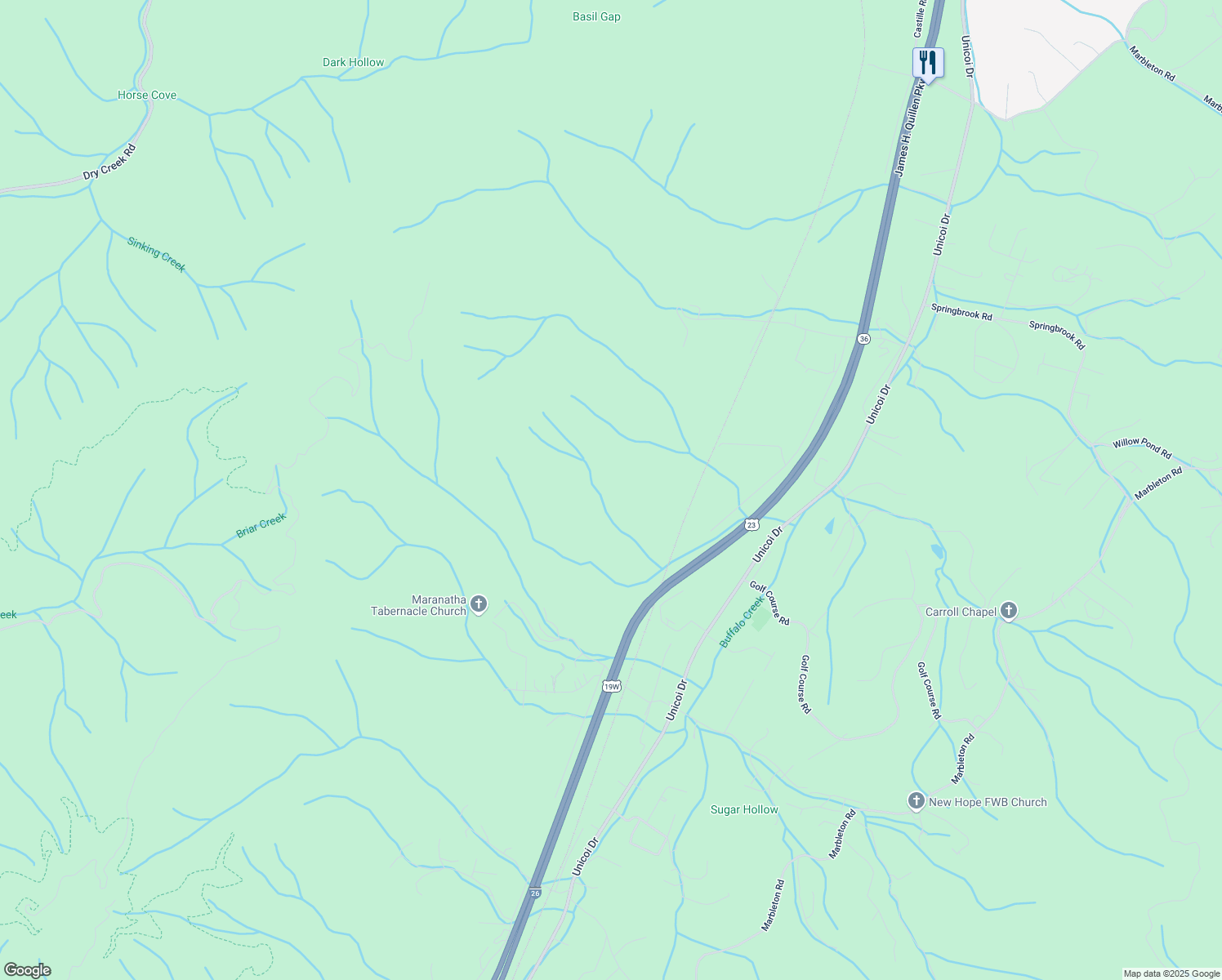 map of restaurants, bars, coffee shops, grocery stores, and more near 255 Deer Ridge Road in Unicoi