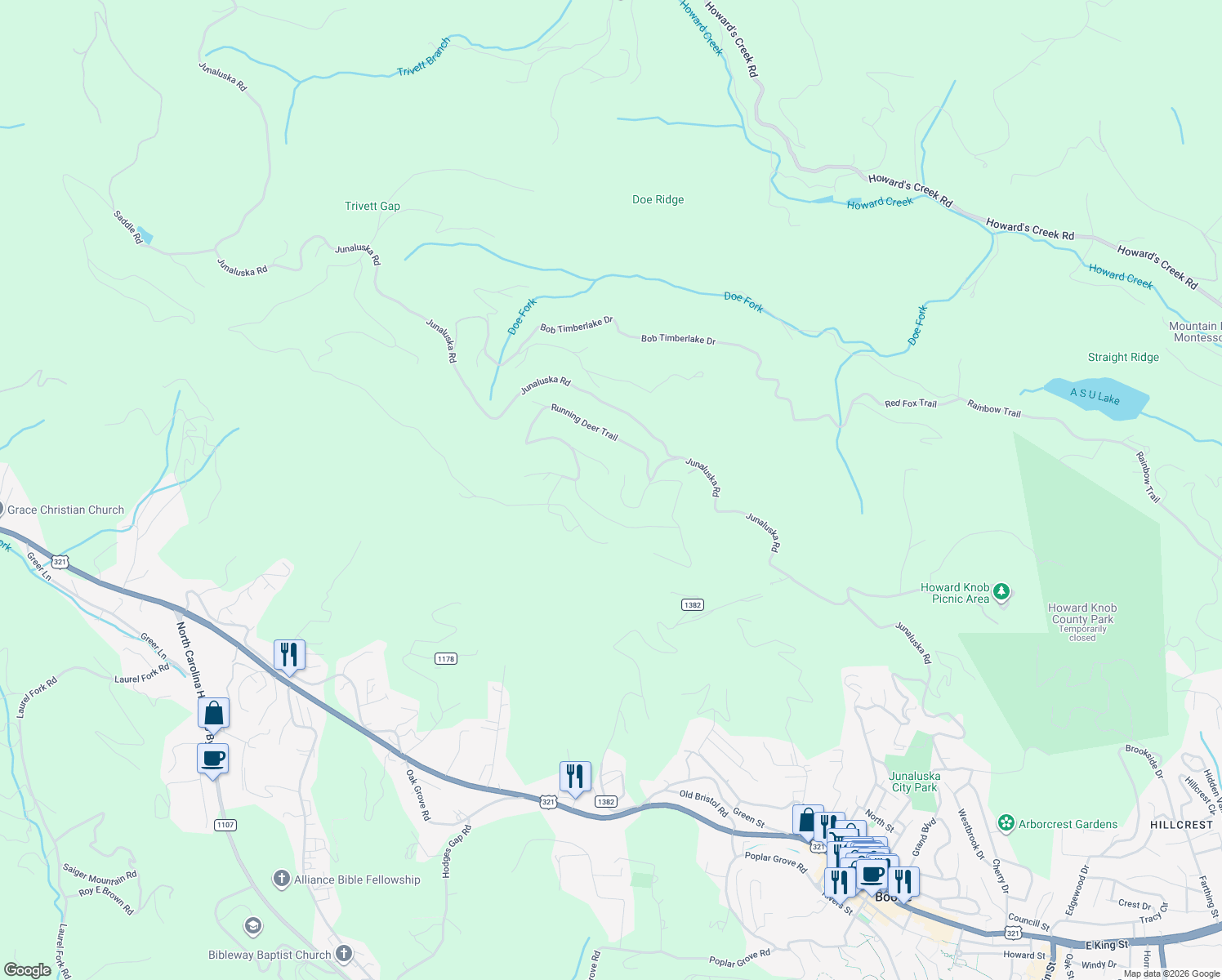 map of restaurants, bars, coffee shops, grocery stores, and more near 1075 Running Deer Trail in Boone