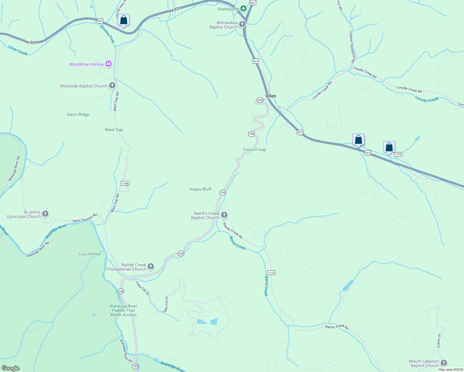 map of restaurants, bars, coffee shops, grocery stores, and more near 1260 North Carolina 194 in Vilas