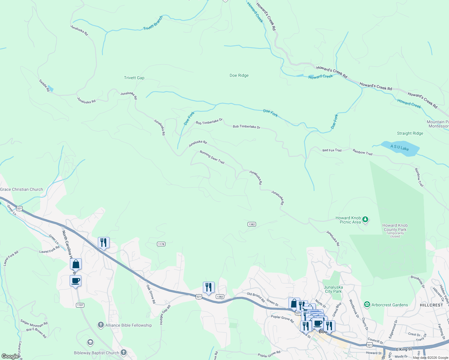 map of restaurants, bars, coffee shops, grocery stores, and more near 1075 Running Deer Trail in Boone