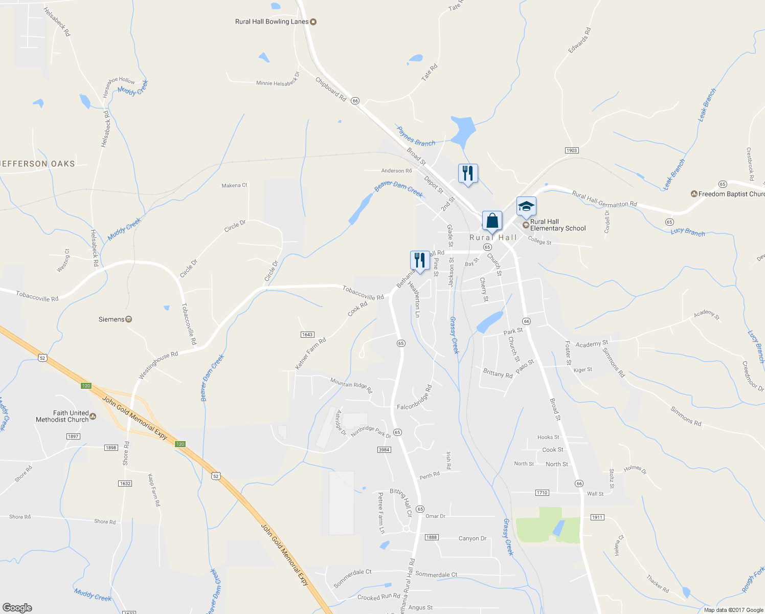 map of restaurants, bars, coffee shops, grocery stores, and more near 520 Bethania-Rural Hall Road in Rural Hall