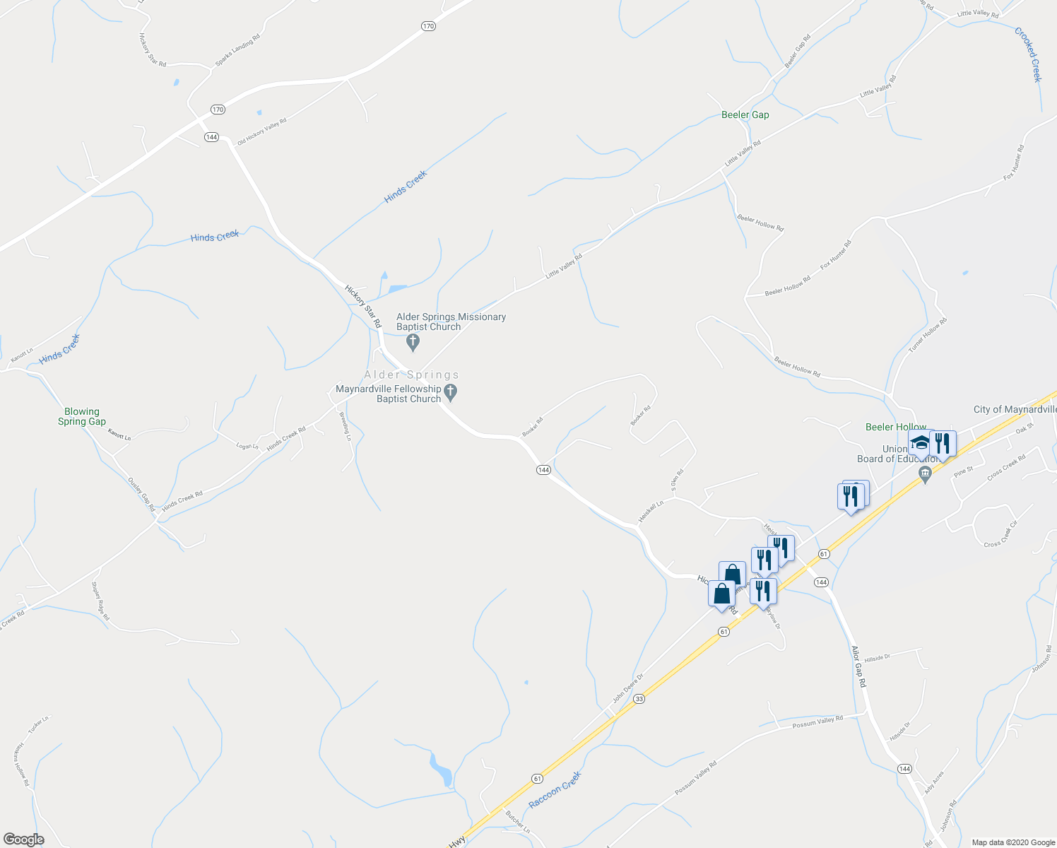 map of restaurants, bars, coffee shops, grocery stores, and more near 111 Booker Road in Maynardville