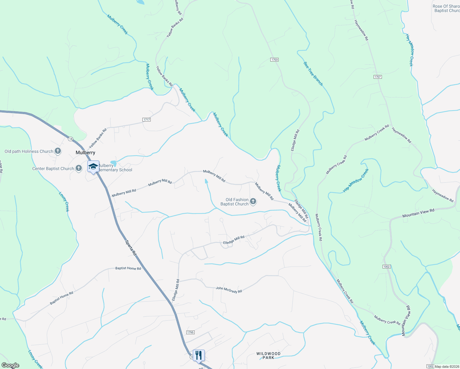 map of restaurants, bars, coffee shops, grocery stores, and more near 922 Mulberry Mill Road in North Wilkesboro