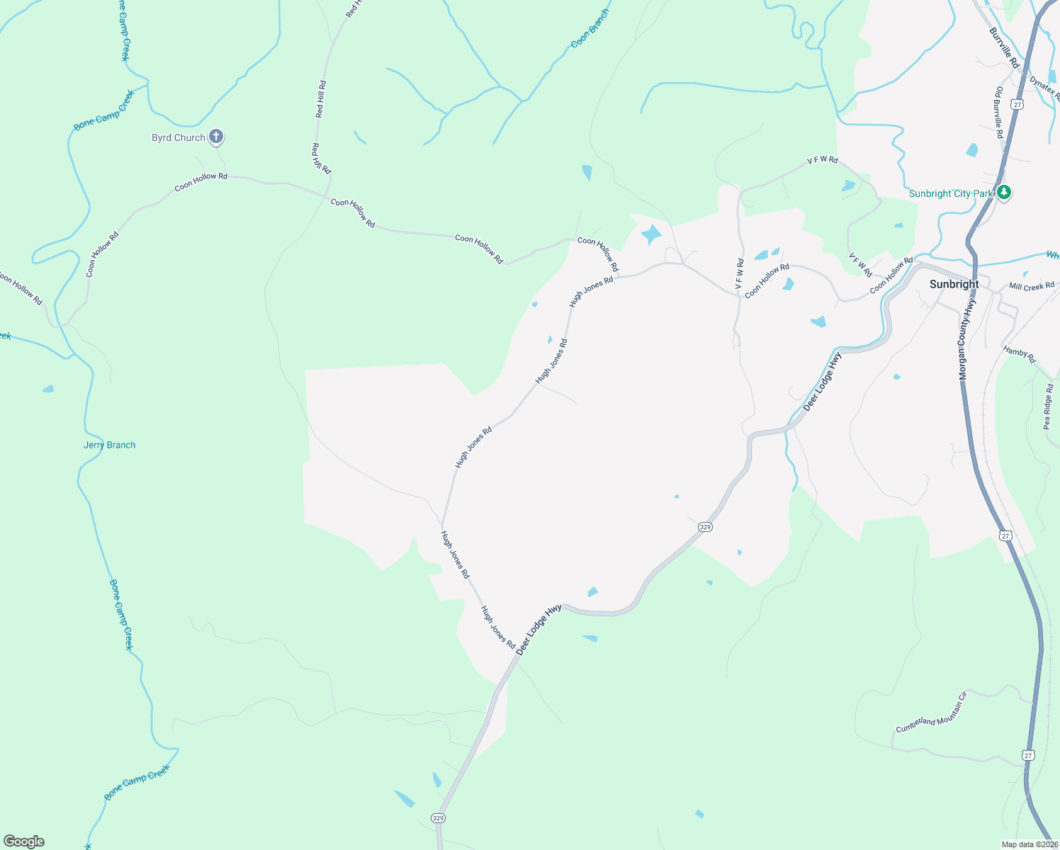 map of restaurants, bars, coffee shops, grocery stores, and more near 735 Hugh Jones Road in Sunbright