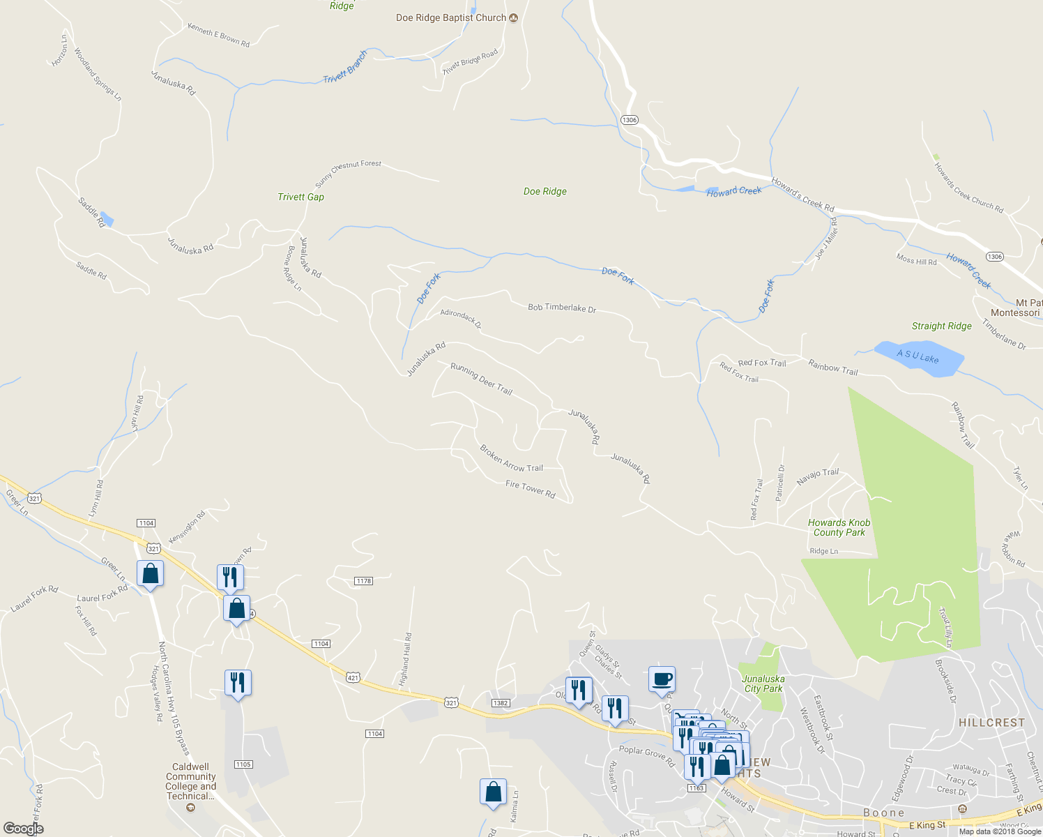 map of restaurants, bars, coffee shops, grocery stores, and more near 466 Indian Springs Run in Boone