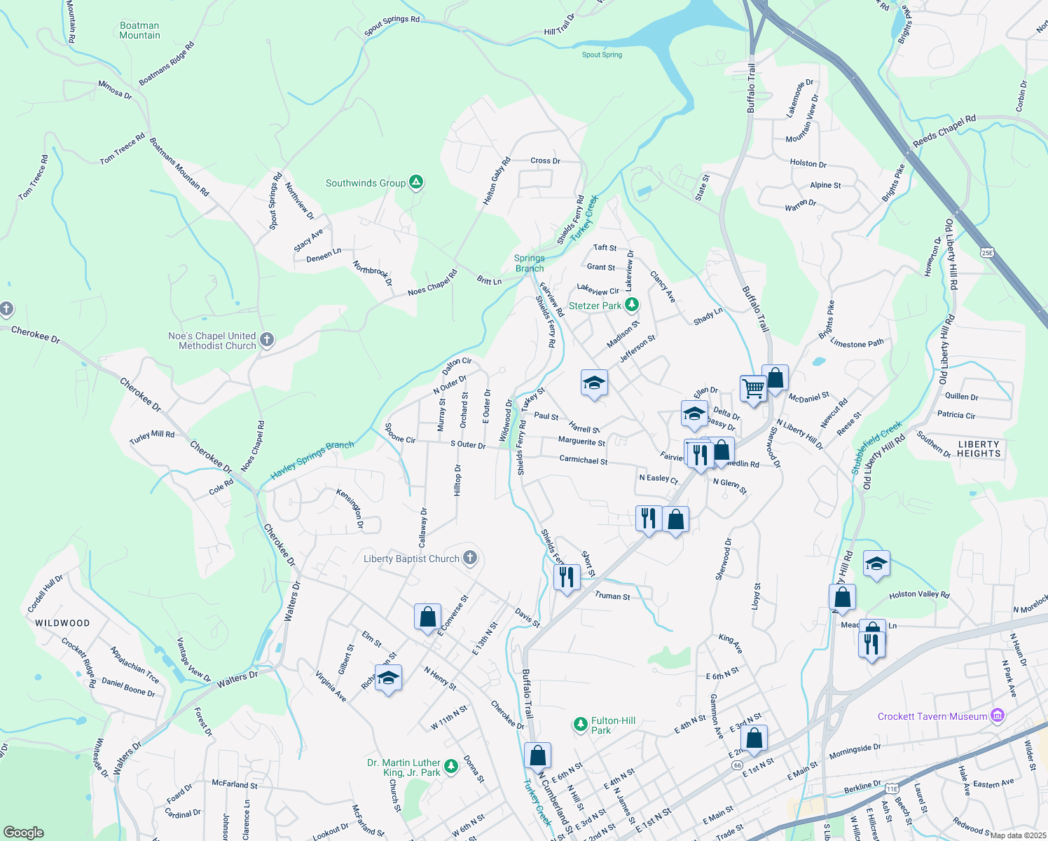 map of restaurants, bars, coffee shops, grocery stores, and more near 1934 Shields Ferry Road in Morristown