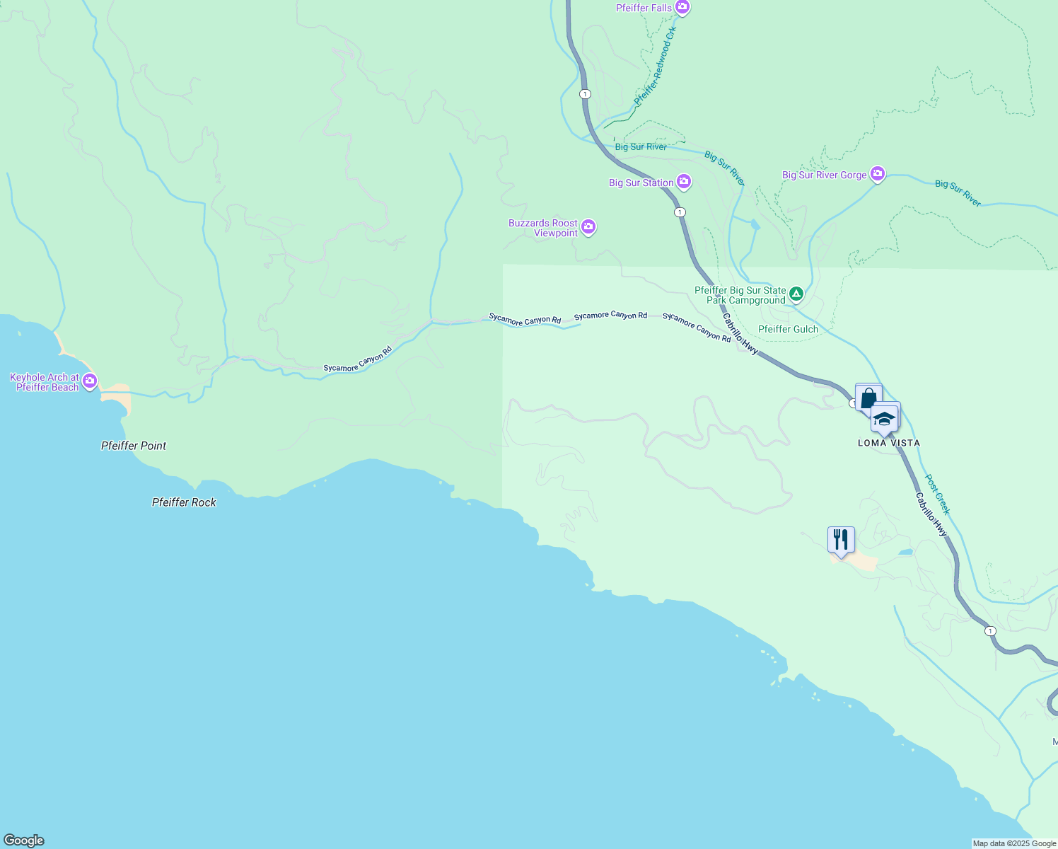 map of restaurants, bars, coffee shops, grocery stores, and more near 47320 California 1 in Big Sur