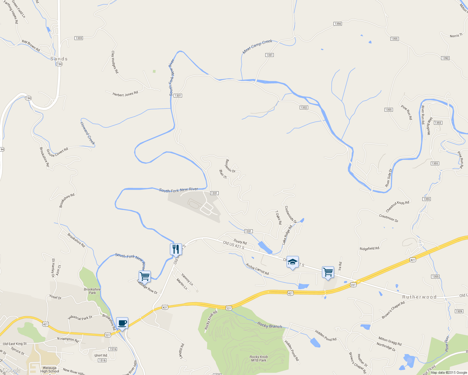 map of restaurants, bars, coffee shops, grocery stores, and more near 1008 Benjamin Drive in Boone
