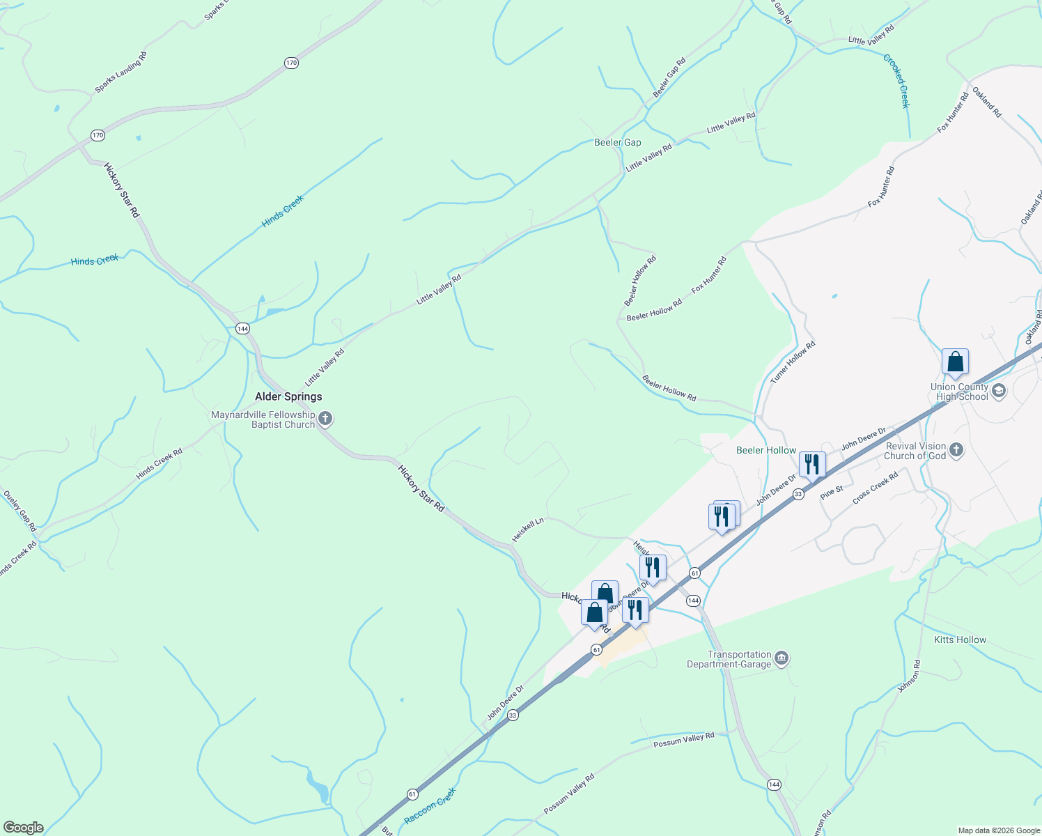 map of restaurants, bars, coffee shops, grocery stores, and more near 366 Booker Road in Maynardville