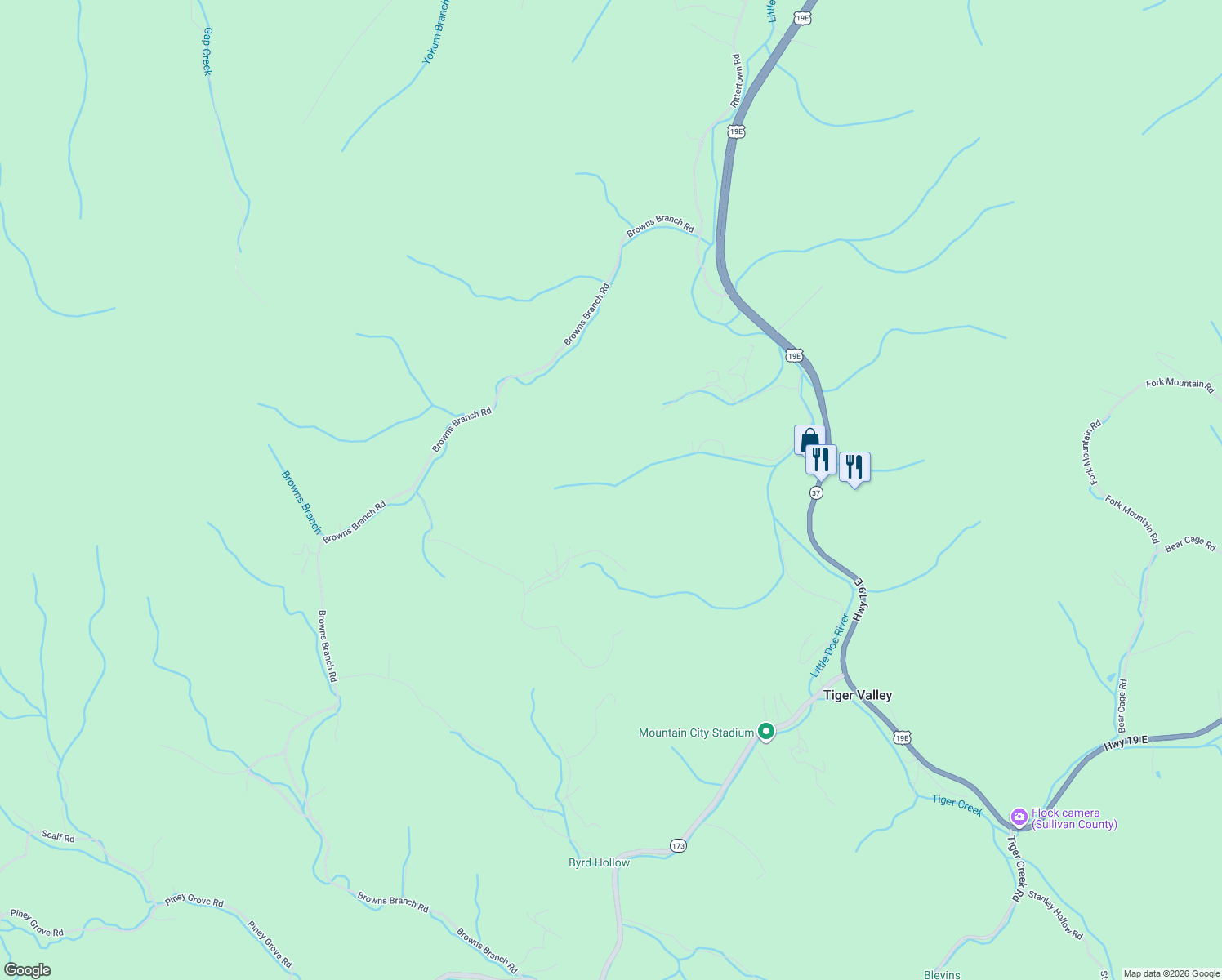 map of restaurants, bars, coffee shops, grocery stores, and more near in Tiger Valley