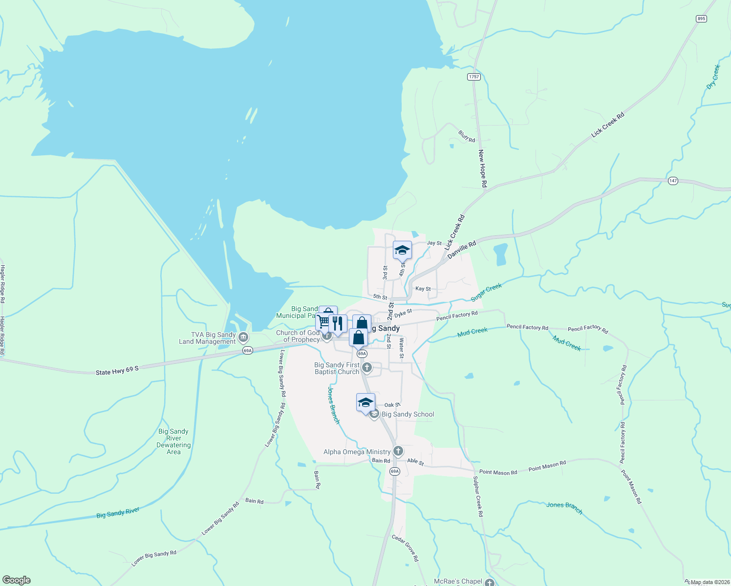 map of restaurants, bars, coffee shops, grocery stores, and more near 125 5th Street in Big Sandy