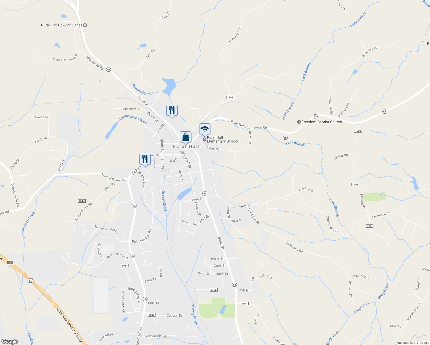 map of restaurants, bars, coffee shops, grocery stores, and more near 215 Academy Street in Rural Hall