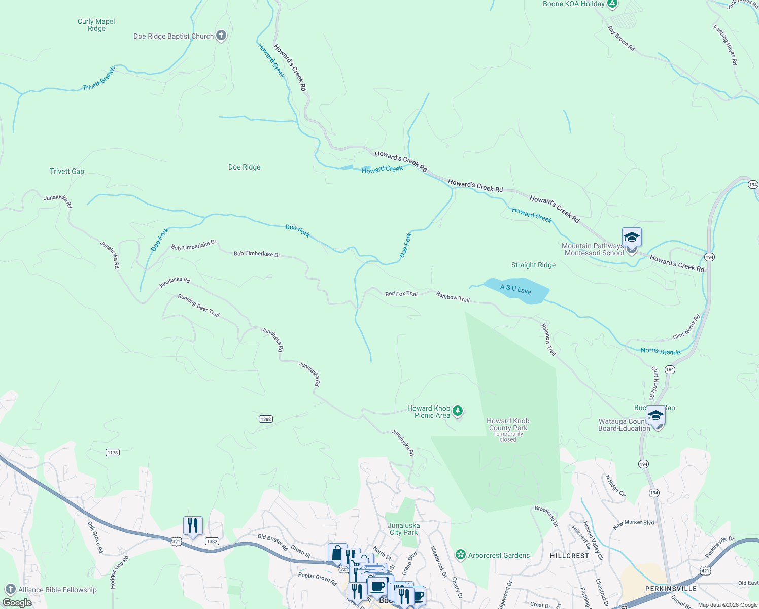 map of restaurants, bars, coffee shops, grocery stores, and more near 492 Red Fox Trail in Boone