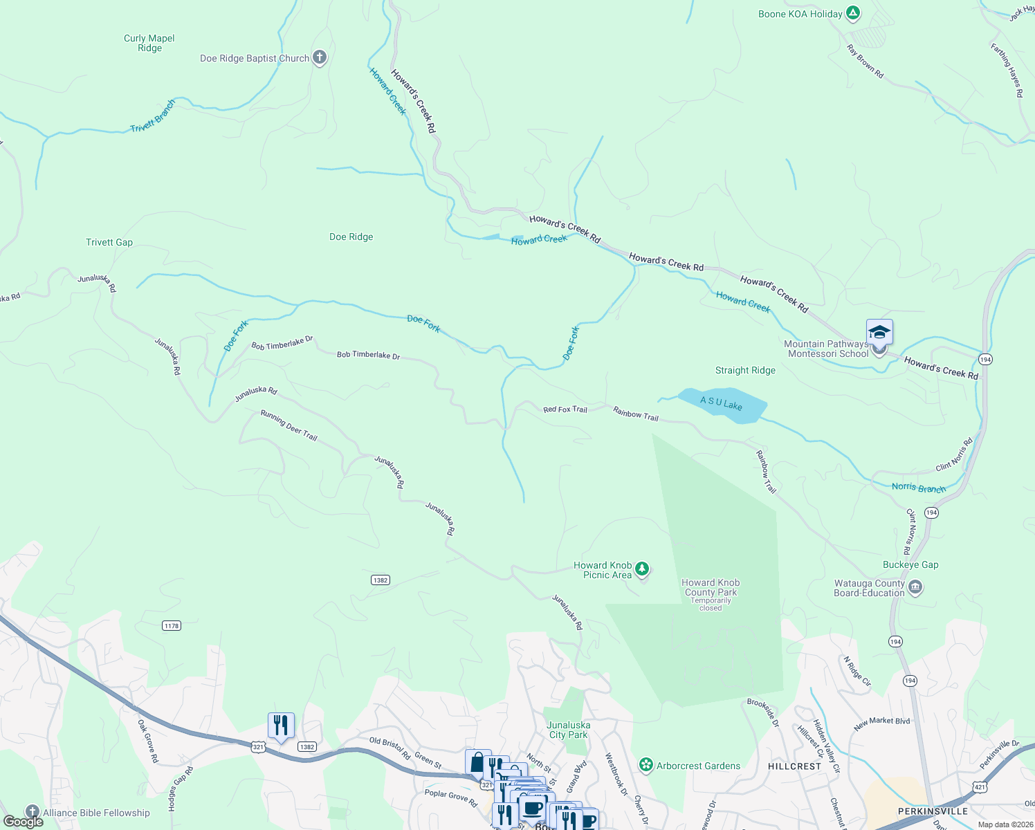 map of restaurants, bars, coffee shops, grocery stores, and more near 492 Red Fox Trail in Boone