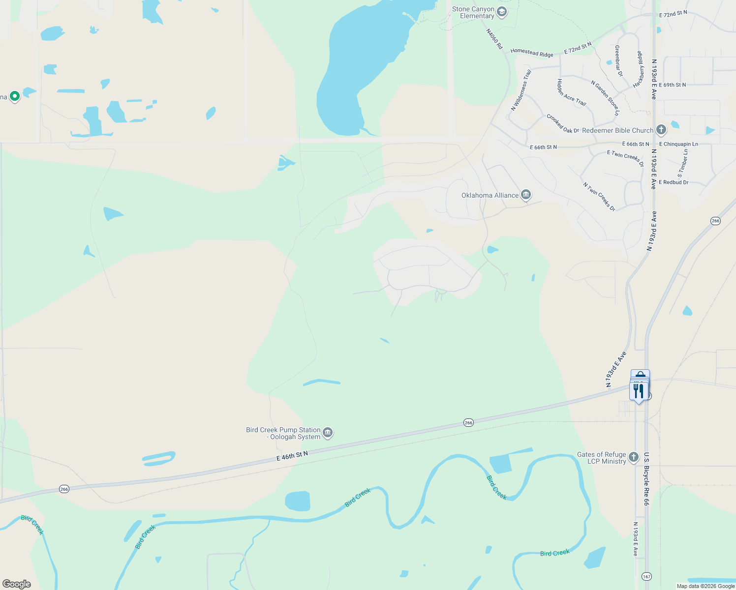 map of restaurants, bars, coffee shops, grocery stores, and more near Anthem Ridge Road in Owasso
