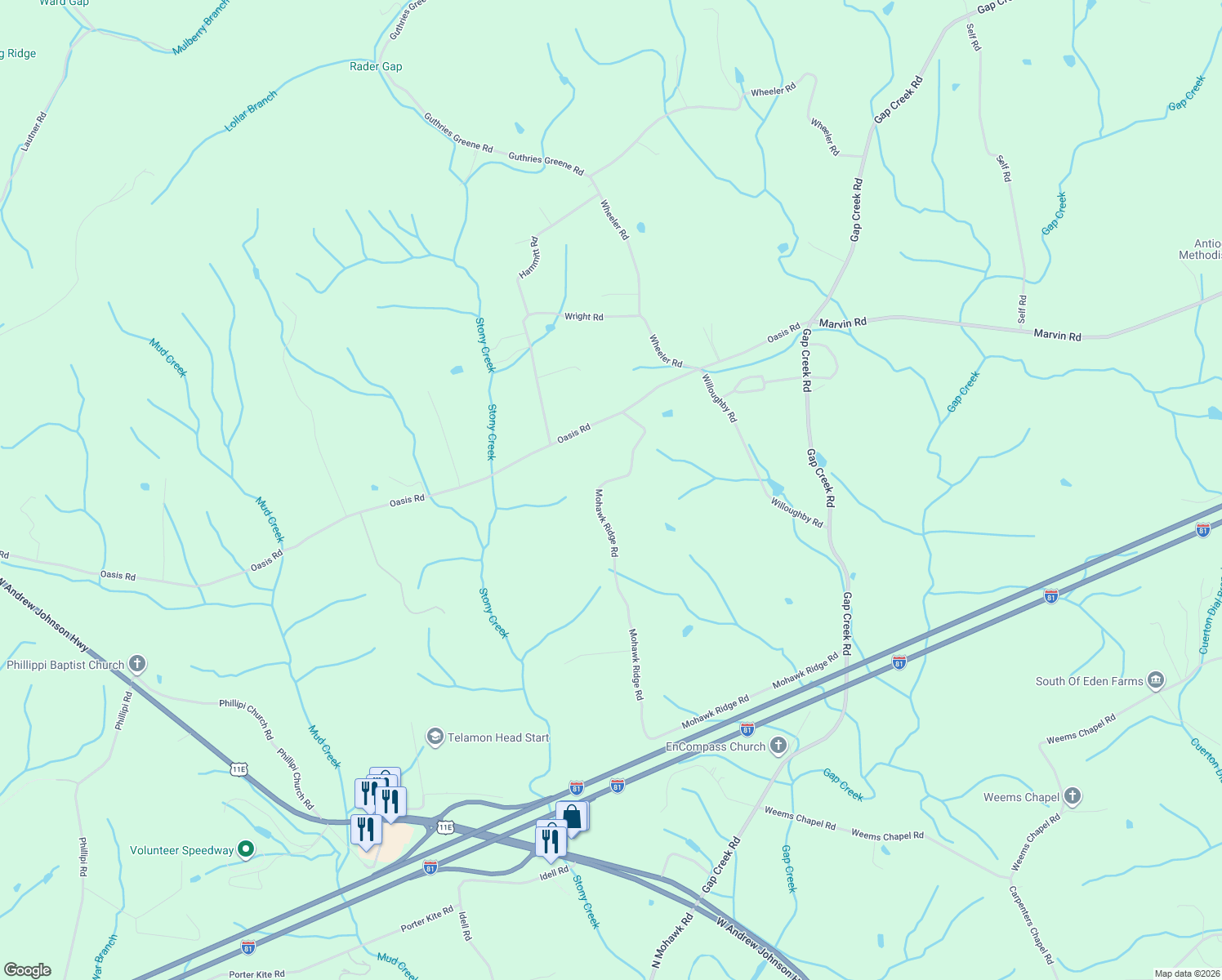 map of restaurants, bars, coffee shops, grocery stores, and more near 1440 Mohawk Ridge Rd in Bulls Gap